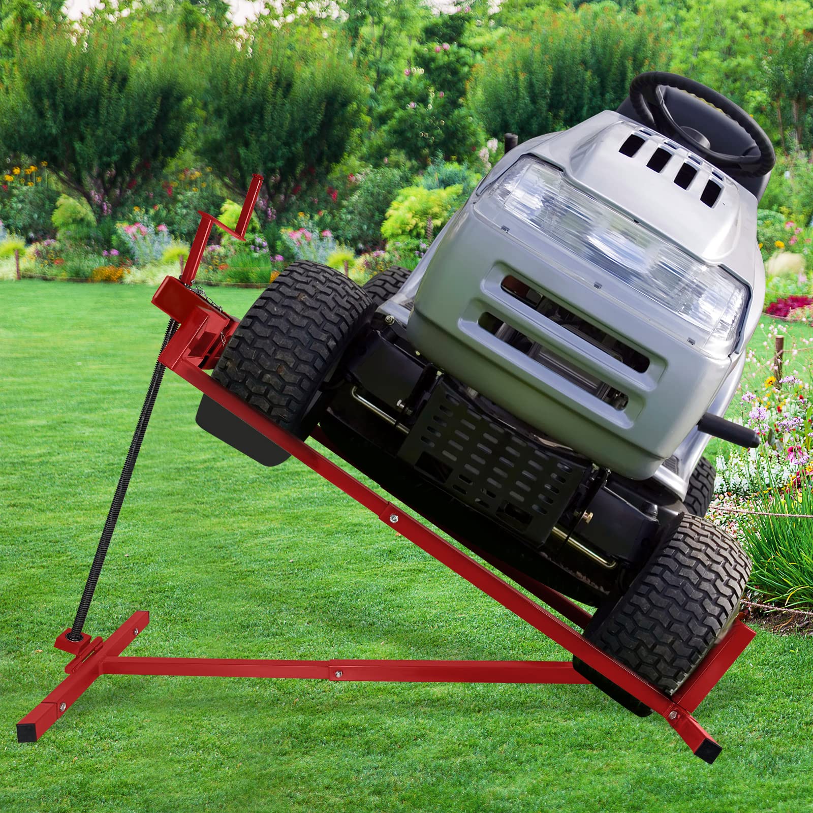 UISEBRT Rasentraktor Hebevorrichtung Rasenmäherheber Hebebühne Reinigungshilfe, Rasenmäher Jack Teleskop Rasentraktorheber Aufsitzmäher, bis max 400 kg, Rot