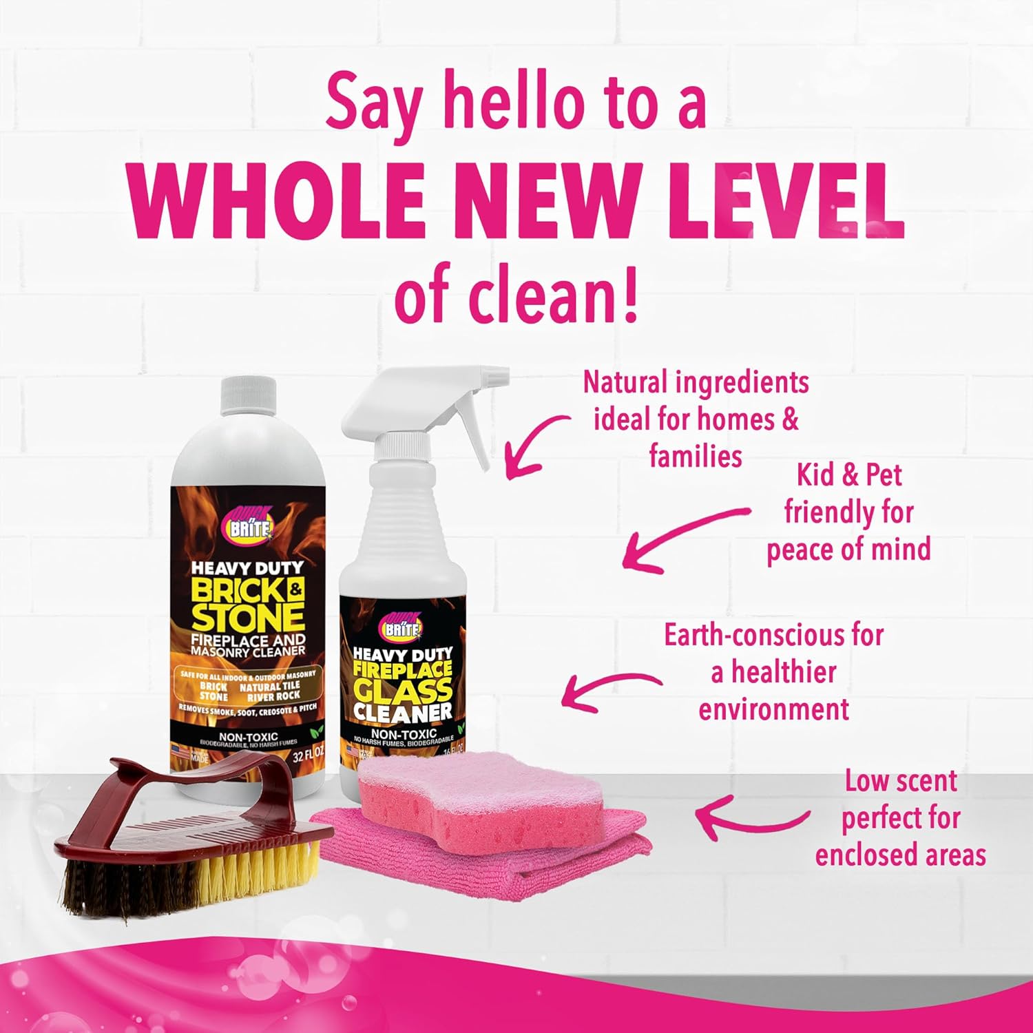 Quick 'n Brite Fireplace Cleaning Kit – Includes 16 oz Fireplace Glass Cleaner, 32 oz Gel Fireplace Cleaner, Scrub Brush, Sponge and Microfiber Towel