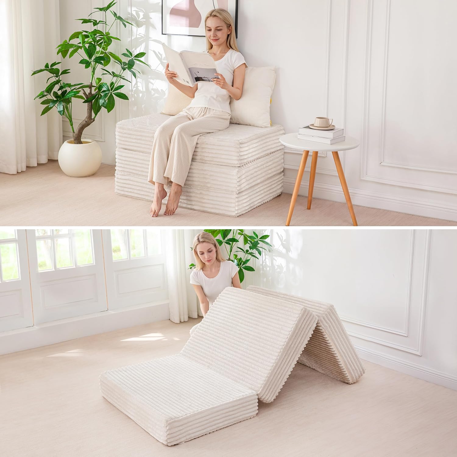 BYBYME Thick Corduroy Tri-Folding Mattress, 6 Inch Gel Folding Mattress Topper, Foldable Sofa Couch Soft Guest Bed Camping Pad, with Washable Covers (Beige, Twin)