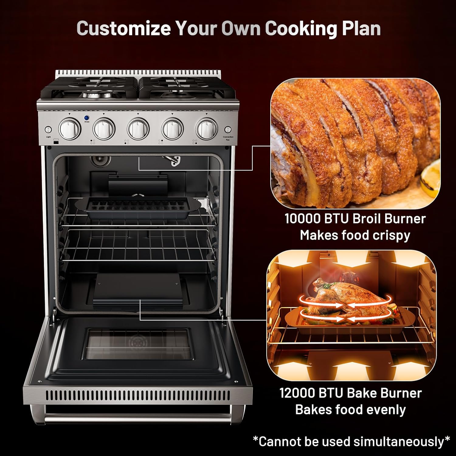 Oven interior highlighting the 12000 BTU bake burner and 10000 BTU broil burner