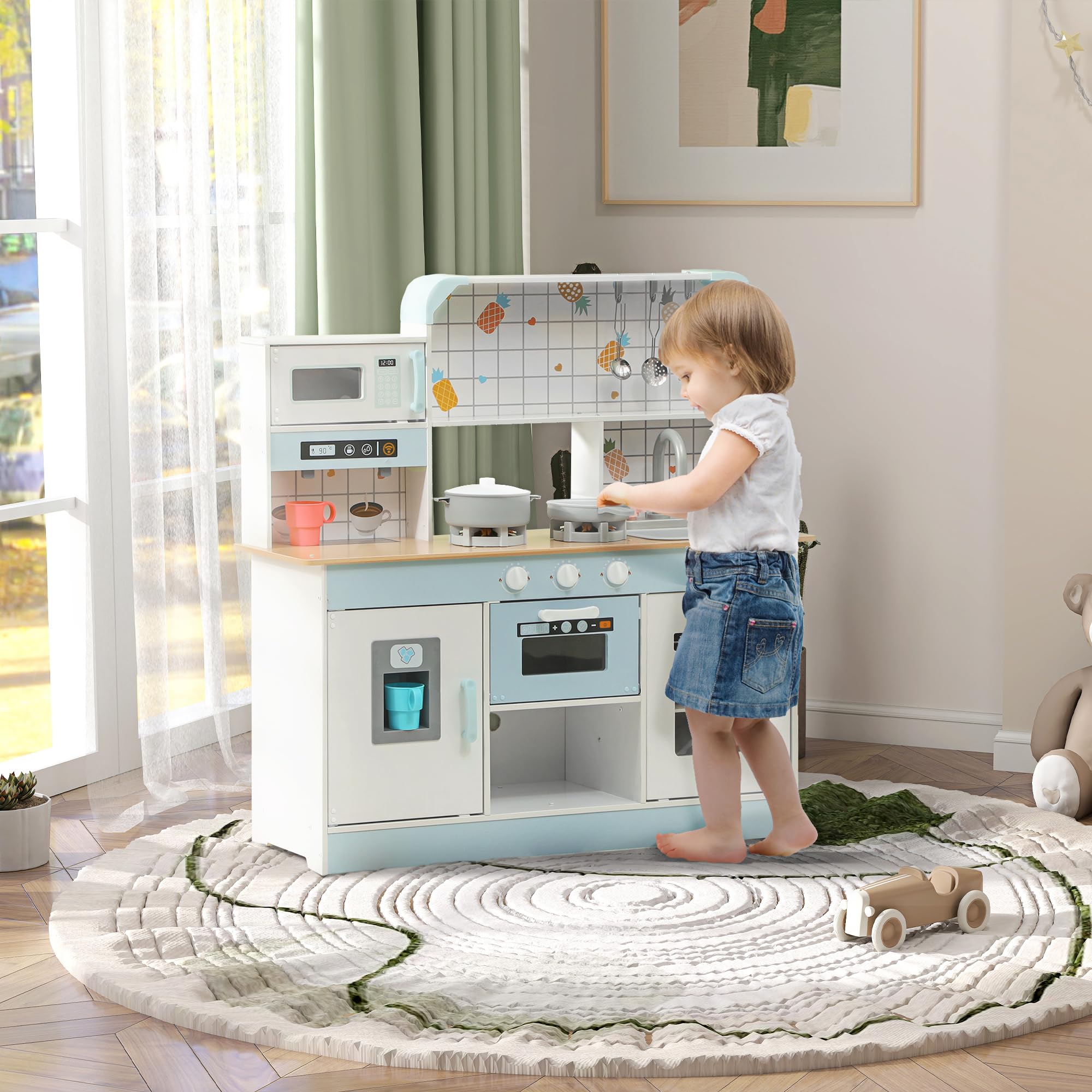 AIYAPLAY Cucina Giocattolo per Bambini da 3 Anni in Legno, Fornello con Luci e Suoni, Microonde, Macchina del Caffè, Macchina del Ghiaccio e Armadietti, Bianco