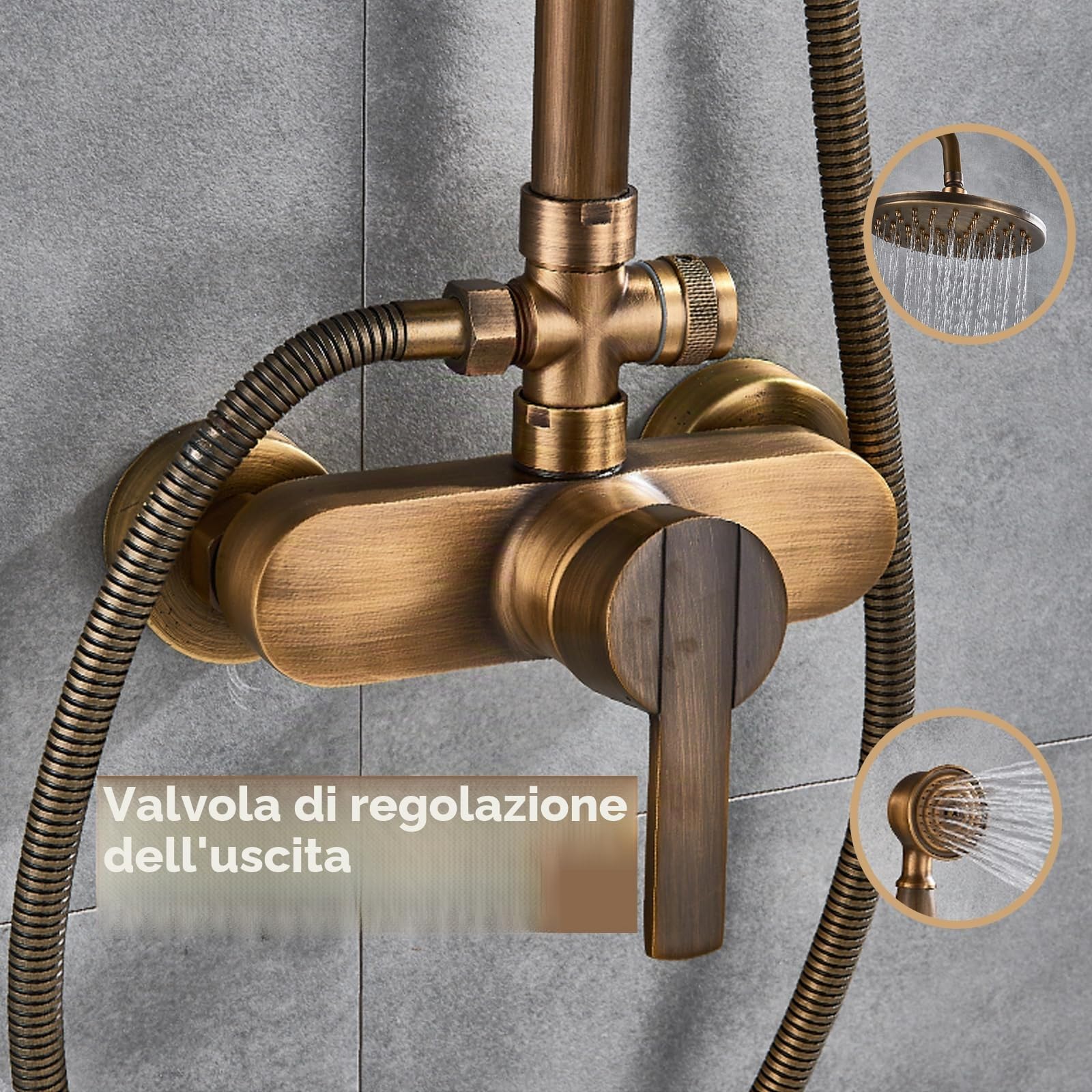 Set doccia con soffione doccia a pioggia, 20 x 20 cm, rotondo, asta doccia a pioggia, regolabile, 78 – 115 cm, colonna doccia con ripiano, in ottone