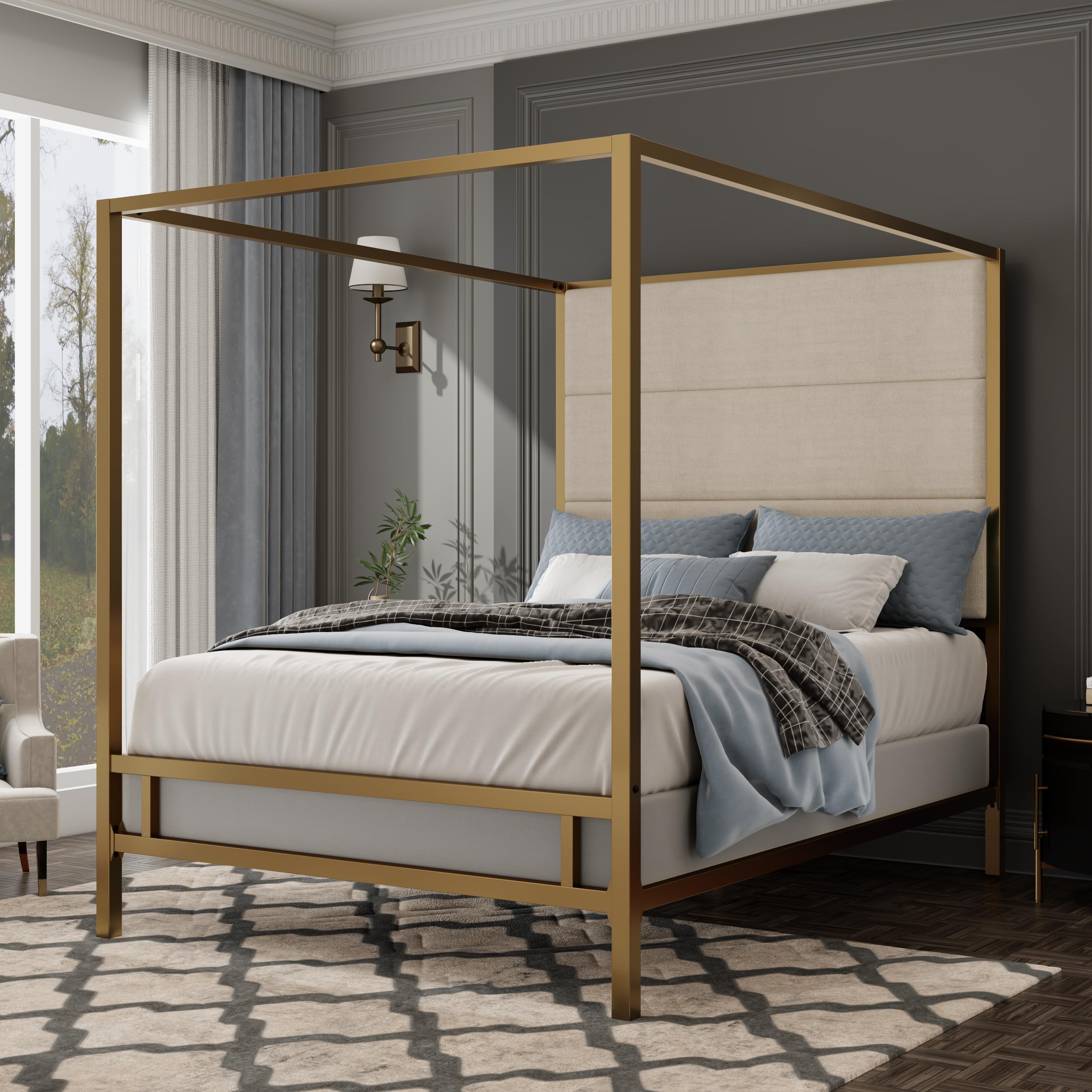 XD Designs Modern 4-Poster Canopy Platform Bed King Size with Tall Upholstered Headboard, Metal Canopied Design Platform Bed Frame with Strong Slats