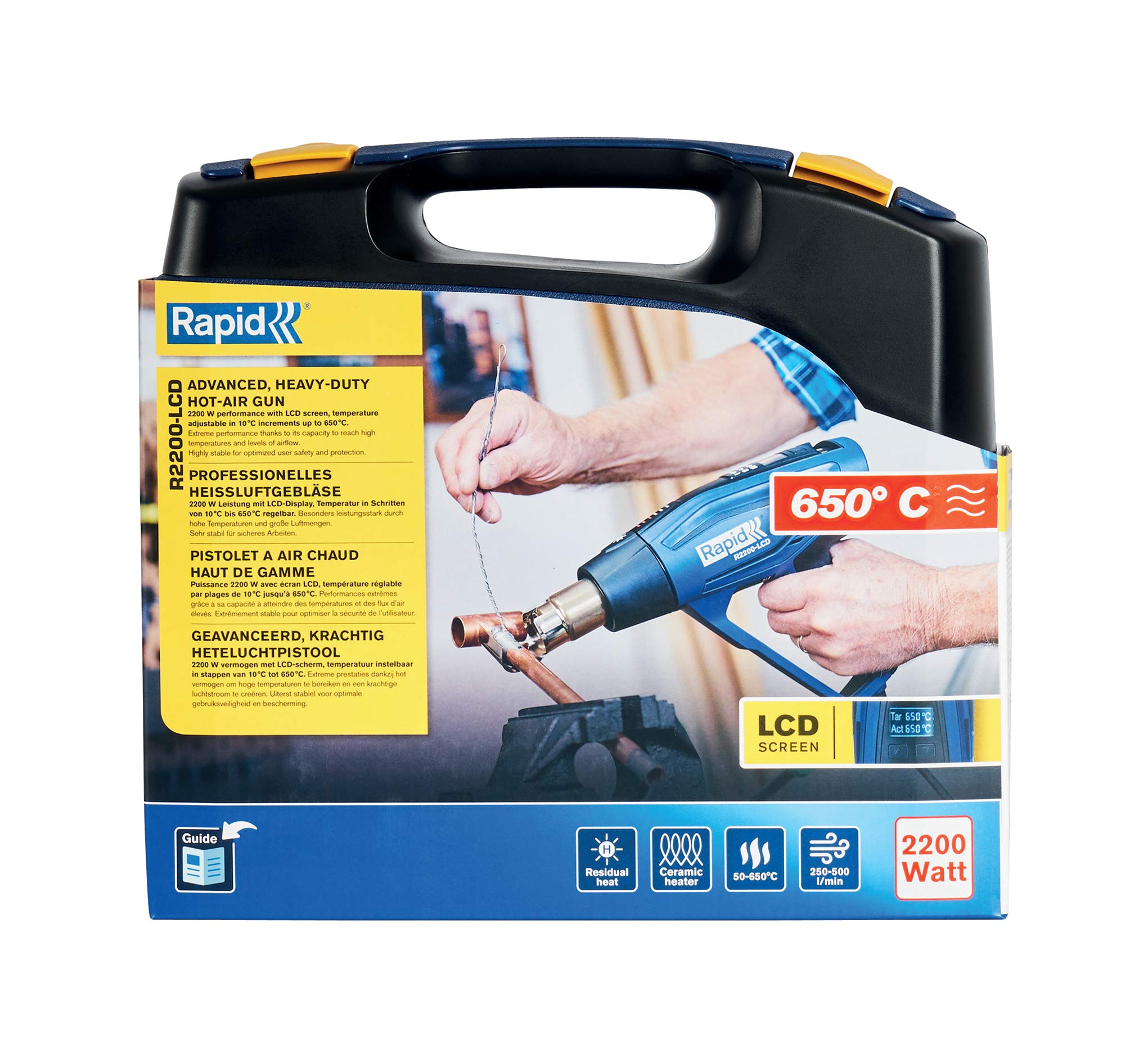 Rapid Décapeur thermique R2200-LCD en coffret - Pistolet à air chaud 2200 W - Écran LCD 50-650 °C - 250-500 l/min