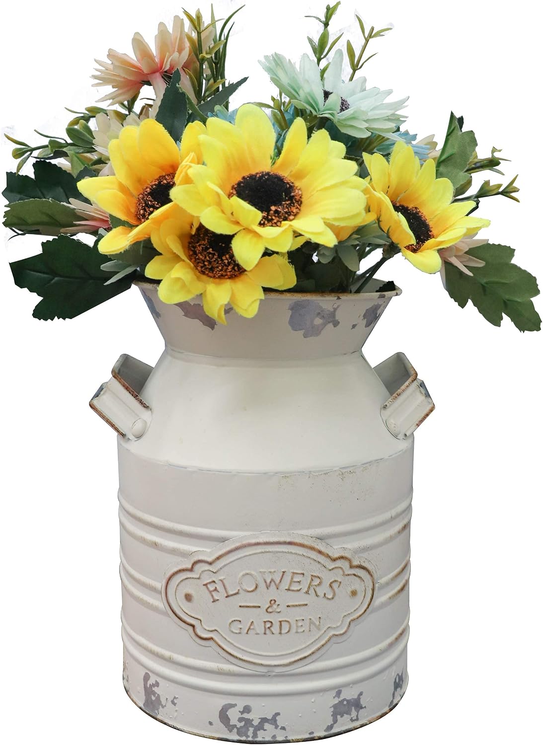 Soyizom Rustic Galvanized Vase Tin Milk Can Vintage White Jug Metal Shabby Chic Bucket Vase Decorative Jug Pot Farmhouse Decor Flower Pitcher for Country Primitive Water Jug Can Decor Vase—Small,7.9"H