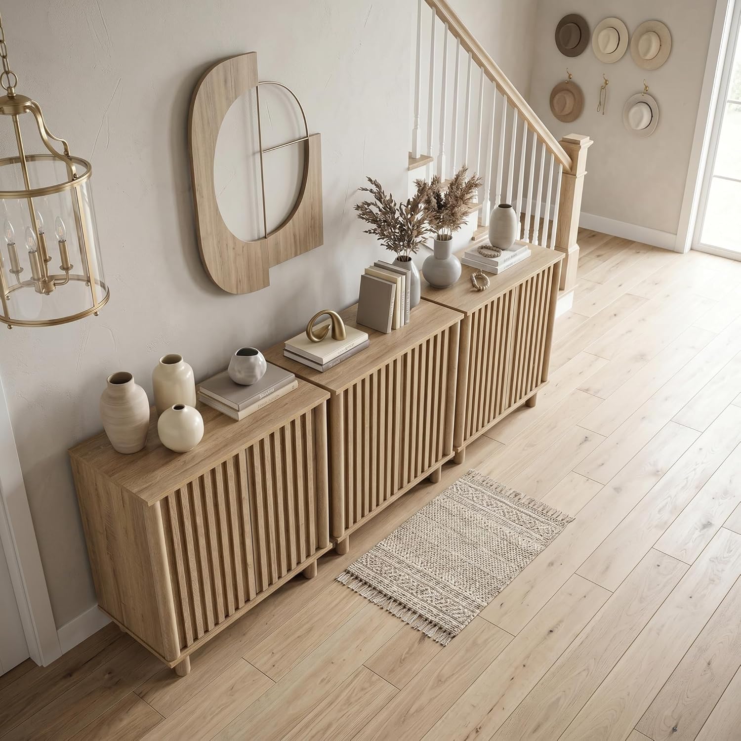 Natural Storage Cabinet Set, Freestanding Floor Cabinet 23.6” Farmhouse Sideboard with 2 Fluted Doors Wooden Buffet Cabinet Media Console Table Credenza for Living Room Dining Room Hallway, Singe