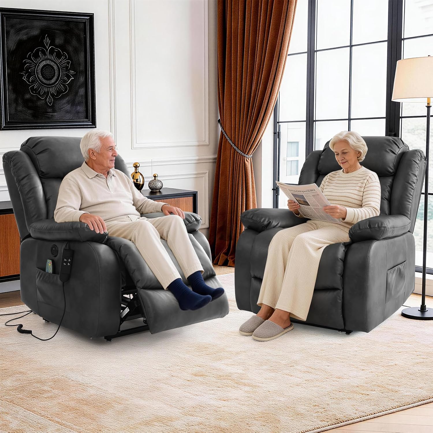 Lift Recliner Chair, Dual Motor Infinite Position Lay Flat Lift Chairs with 8-Point Massage & Heat,USB/Type-C Ports, Dual Remote Control,Heavy Duty 350lbs Capacity, Width 18.6" (Leather, Silver Grey)