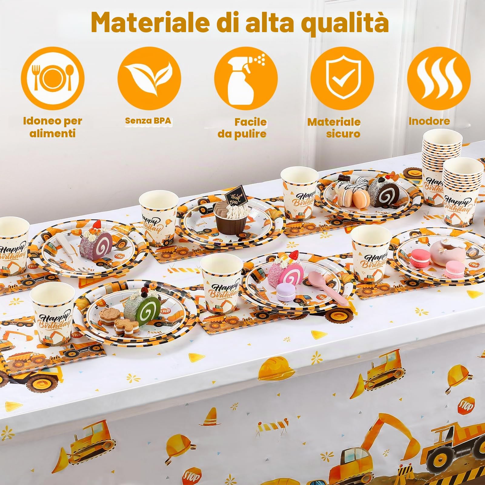 97 stoviglie da cantiere per 24 ospiti, decorazione per il compleanno dei bambini, piatti di carta per escavatore, tovaglioli e tovaglie