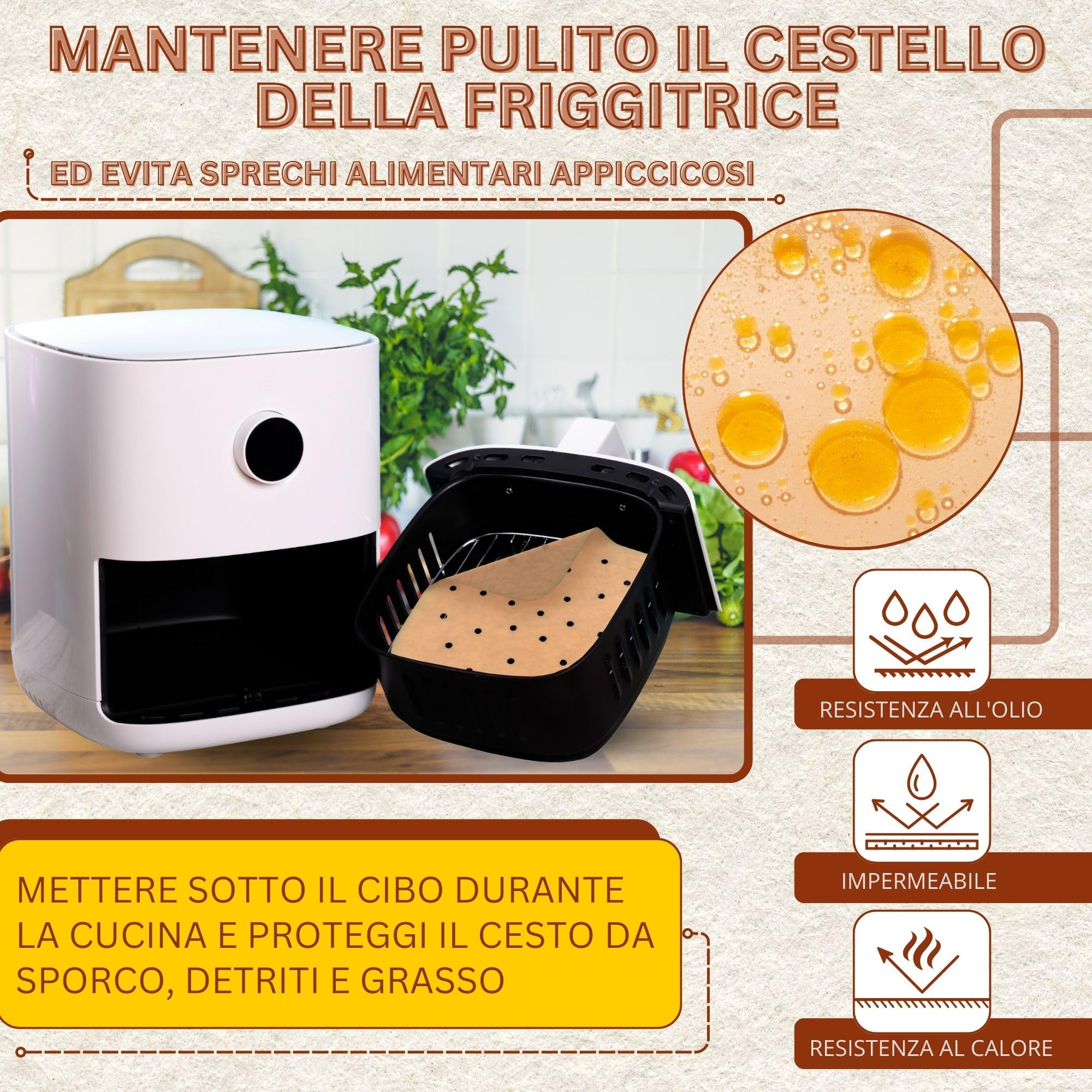 Carta Forno per Friggitrice ad Aria BPA Free 20-24cm, 200 Pezzi Quadrata e 100 Pezzi Piana