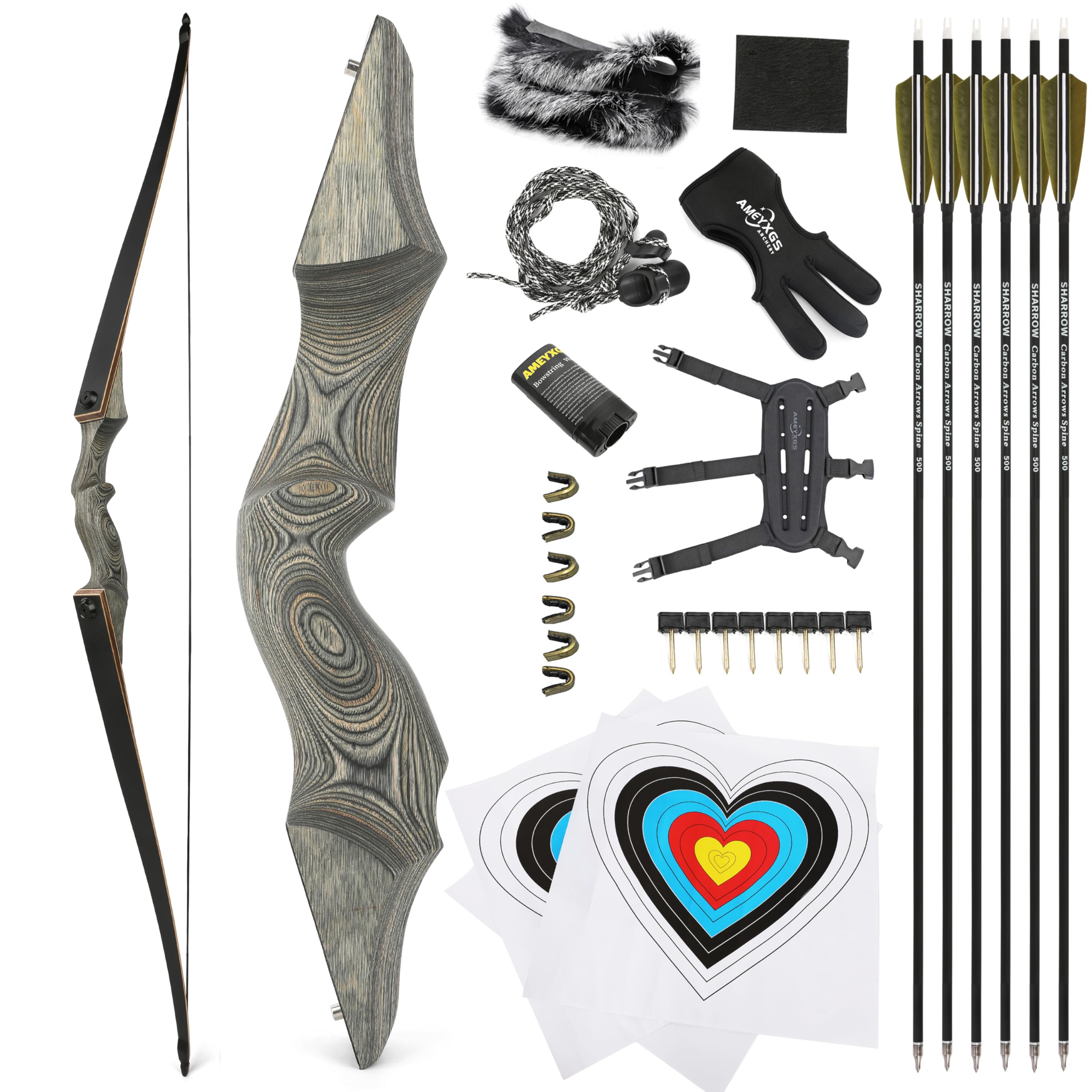 60" Black Hunter Recurve Bow Hunting Takedown Wood Longbow Archery 20-60lbs Left/Right Handed for Archery Hunting Shooting Practice (Left Hand,Gray,50 LBS)