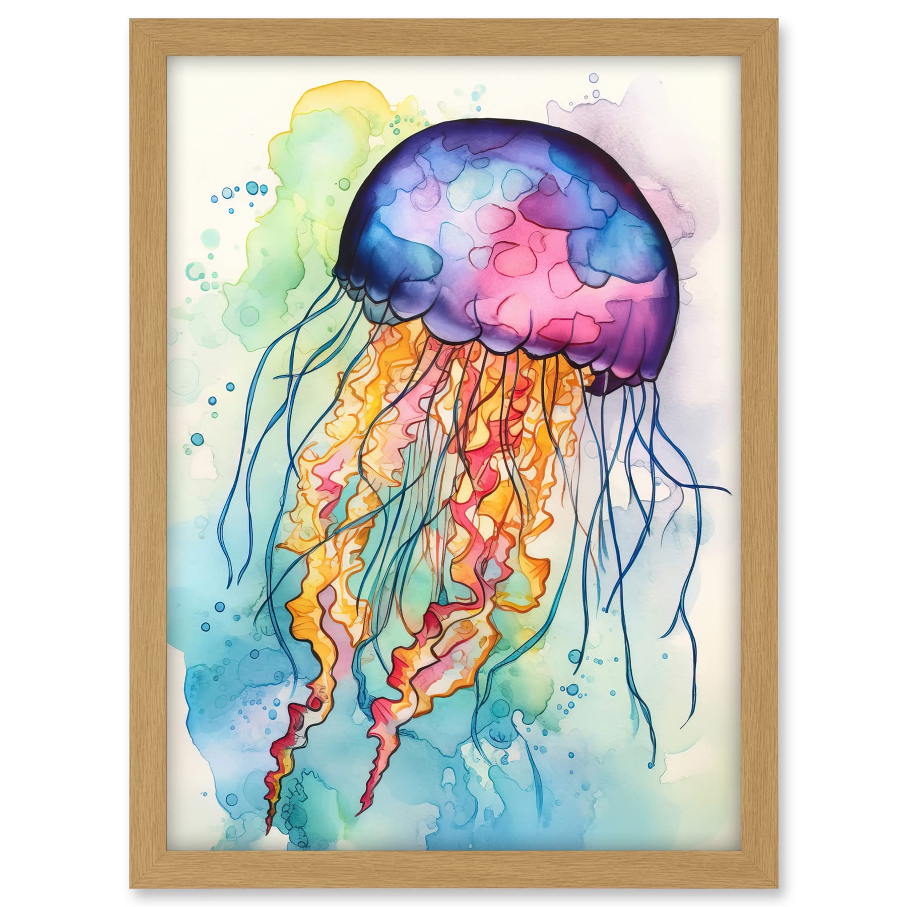 Artery8 Jellyfish Swimming Folk Art Watercolour Painting Artwork Framed A3 Wall Art Print