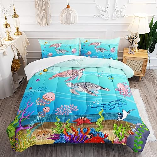 XYNHML Juego de edredón de tortuga, tamaño individual, juego de ropa de cama de tortuga marina con peces tropicales, juego de cama con 2 fundas de