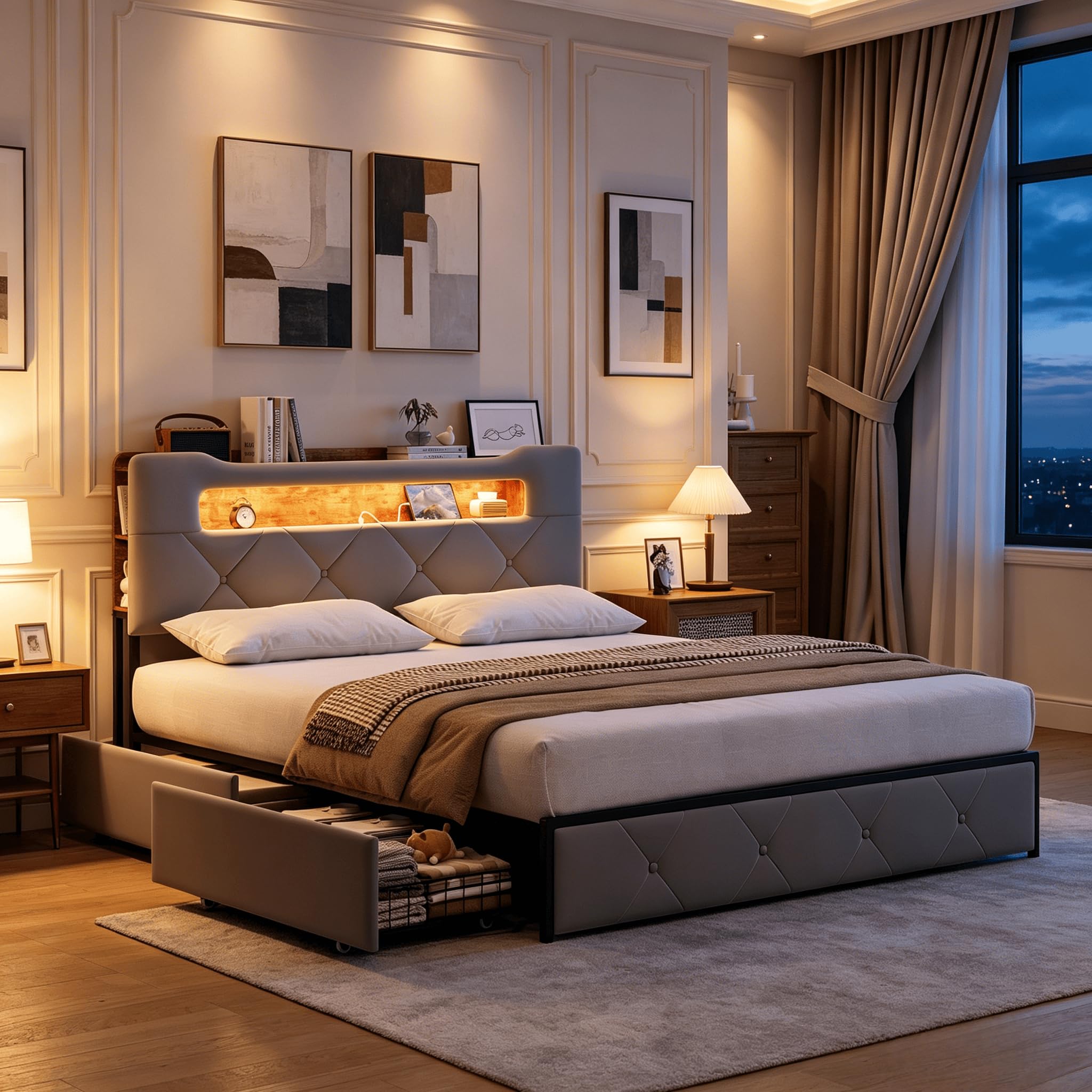 Letto 160x200 Matrimoniale, Letto con 4 cassetti, testiera con Illuminazione a LED e Funzione di Ricarica USB,Struttura Letto in Metallo con doghe in Legno，Letto Imbottito Velluto,Gris