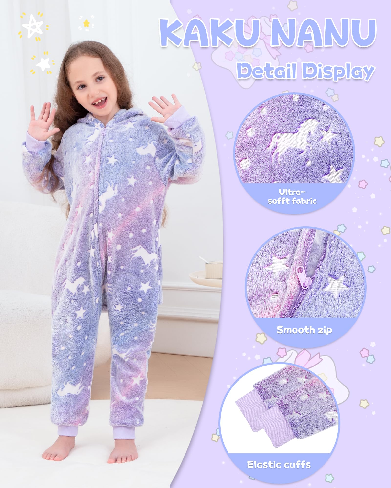 KAKU NANU Pijama para niñas de 2 a 10 años | Pijama de Felpa fosforescente con Capucha | Cremallera y Bolsillos | Regalo Ideal