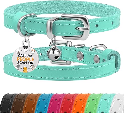BRONZEDOG Collar de cuero para gato con campanas extraíbles, etiqueta QR para gatito que no se rompe, para niñas y niños (7 a 9 pulgadas para gatos,