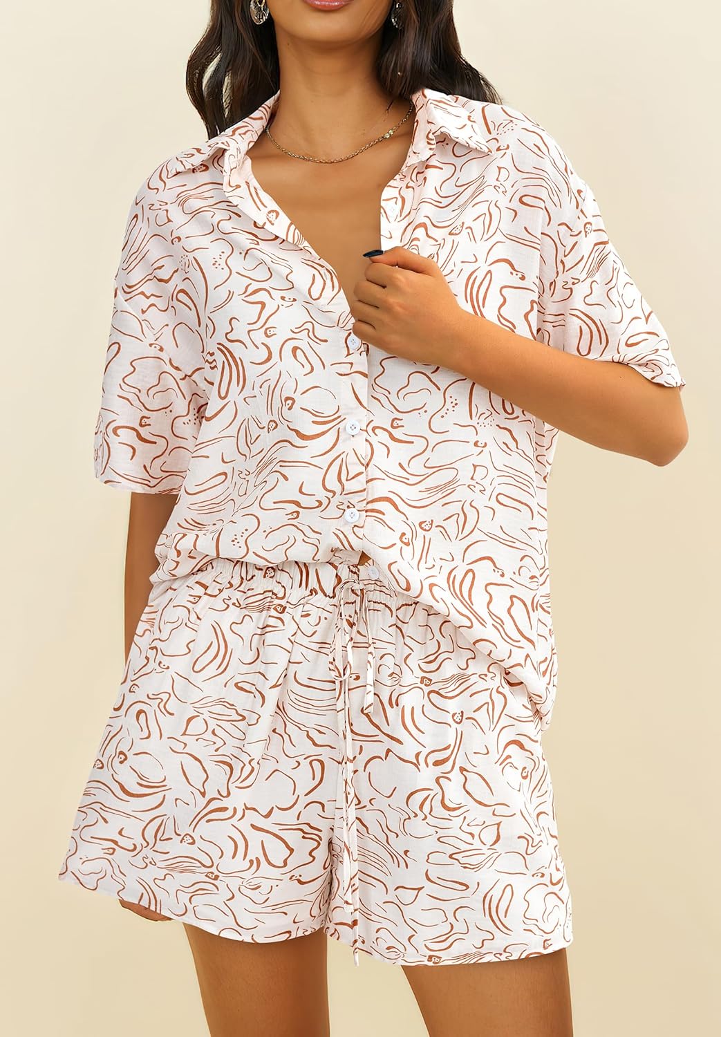 PRETTYGARDEN 2 Piece Sets for Women Summer Clothes 2026 Printed Button Down Shirts Tops Lounge Shorts Beach Vacation Outfits - Image 4