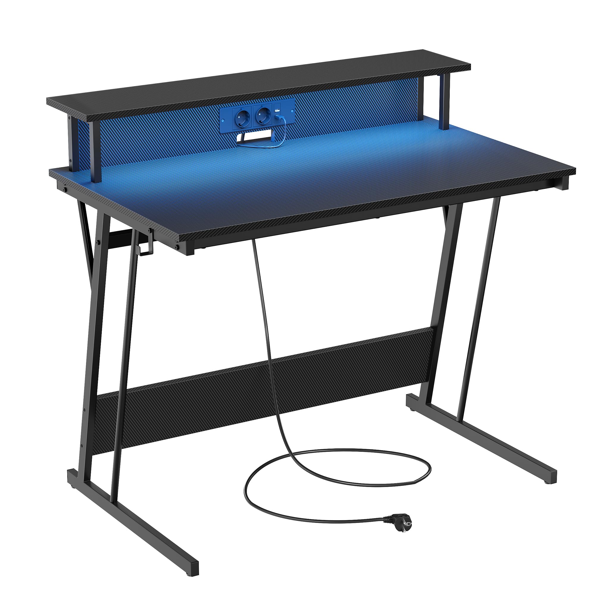 VASAGLE Scrivania da Gaming con Luci LED e Prese di Corrente, Scrivania da Computer, Supporto per Monitor, Tavolo per 2 Monitor, Ufficio, Camera da Letto, 60 x 100 x 76 cm, Nero Carbone LWD191B02