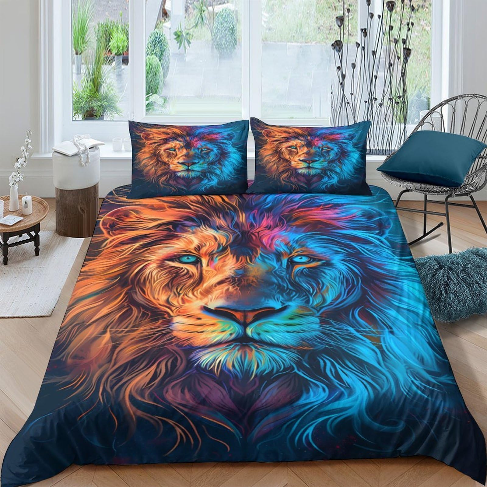 3D Printed Lion Fire Blue Duvet Cover Set Microfiber Soft Breathable Animal Quilt Cover with 2 Pillowcases for Bedroom Single（135x200cm）