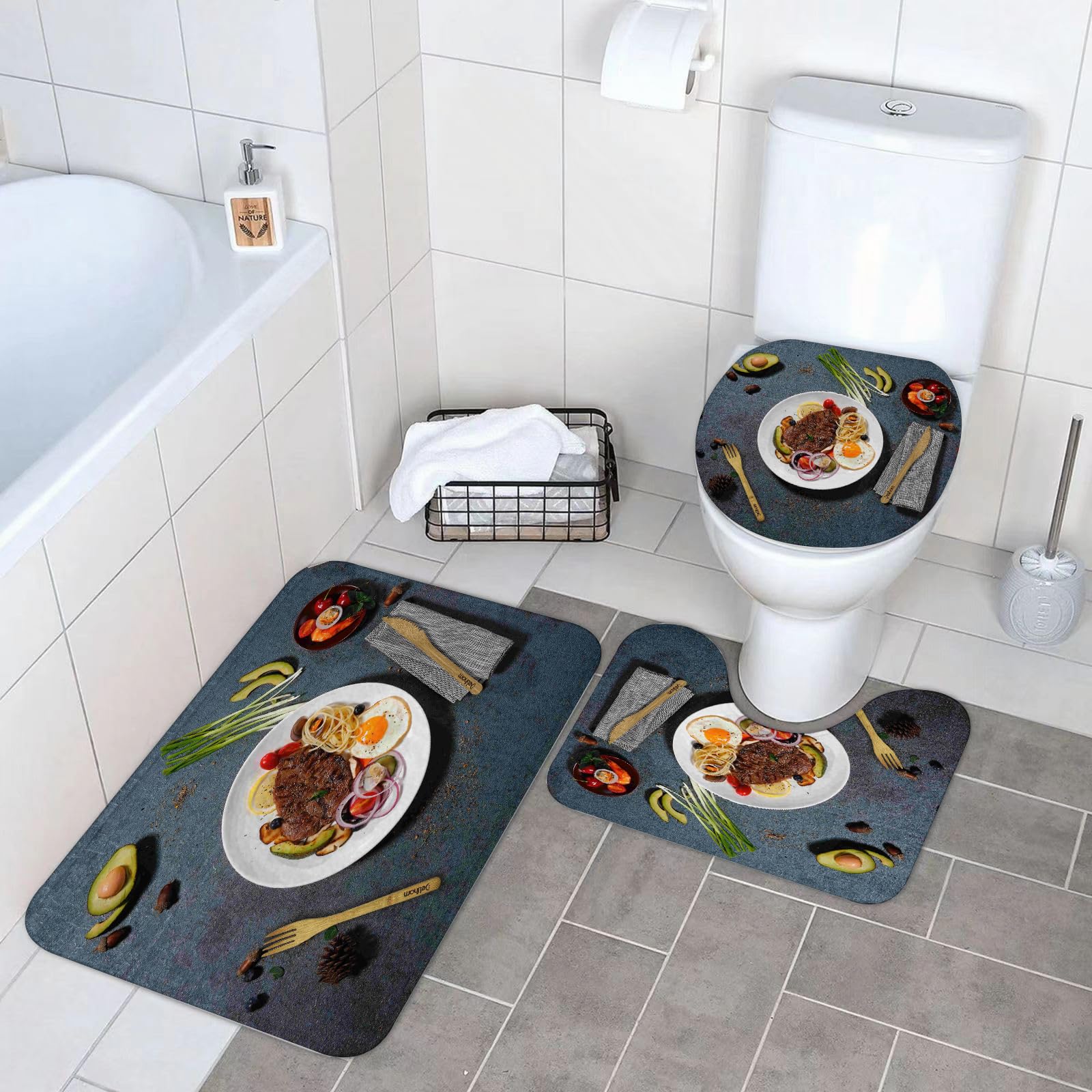 Set di 3 tappetini da Bagno, Lavabili in Lavatrice e Antiscivolo, in Morbida Fibra Superfine, con Isolamento Termico in Stile scandinavo.