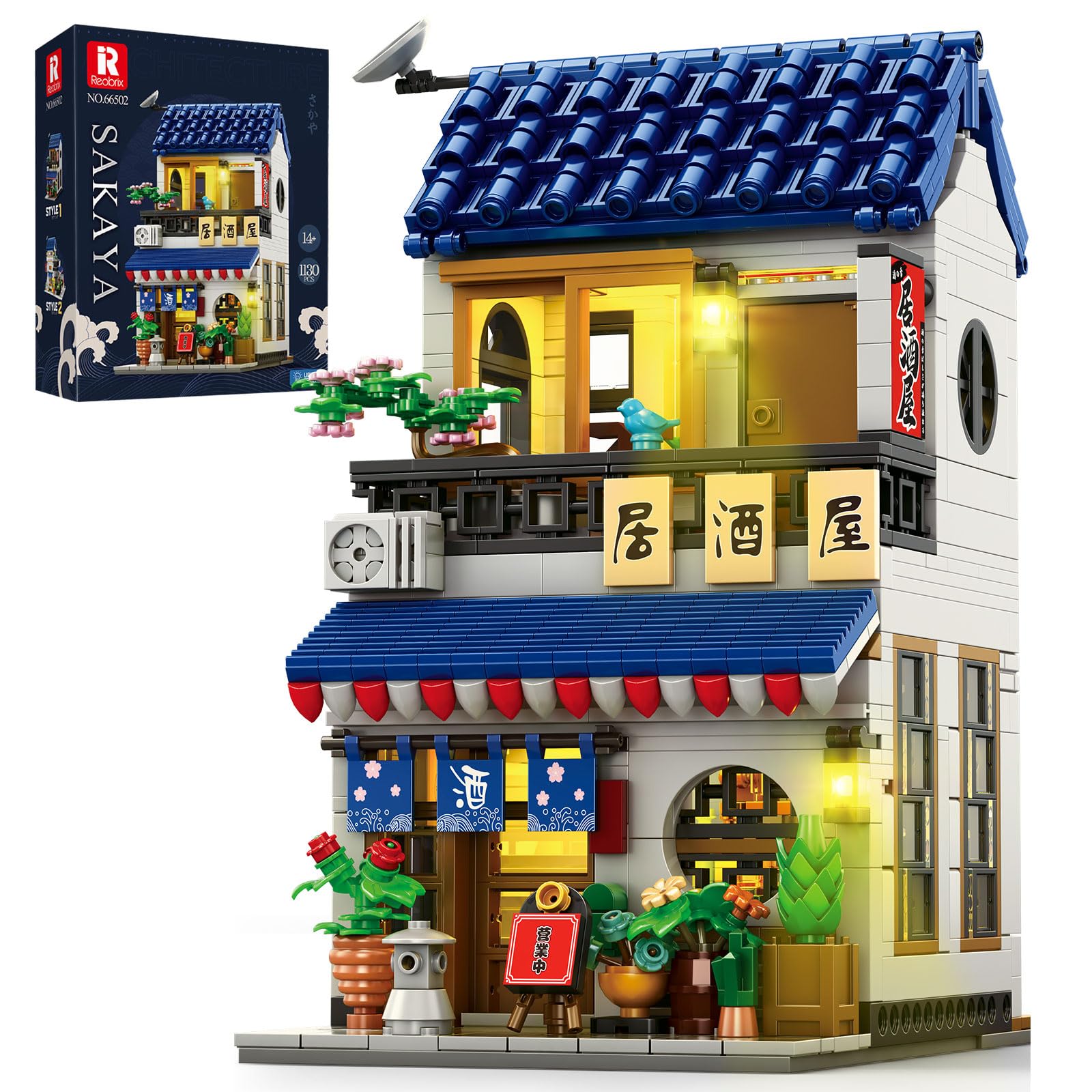 Reobrix Japanese Building Toys with Light, 2 in 1 Izakaya Shop City Display Model Home Decor