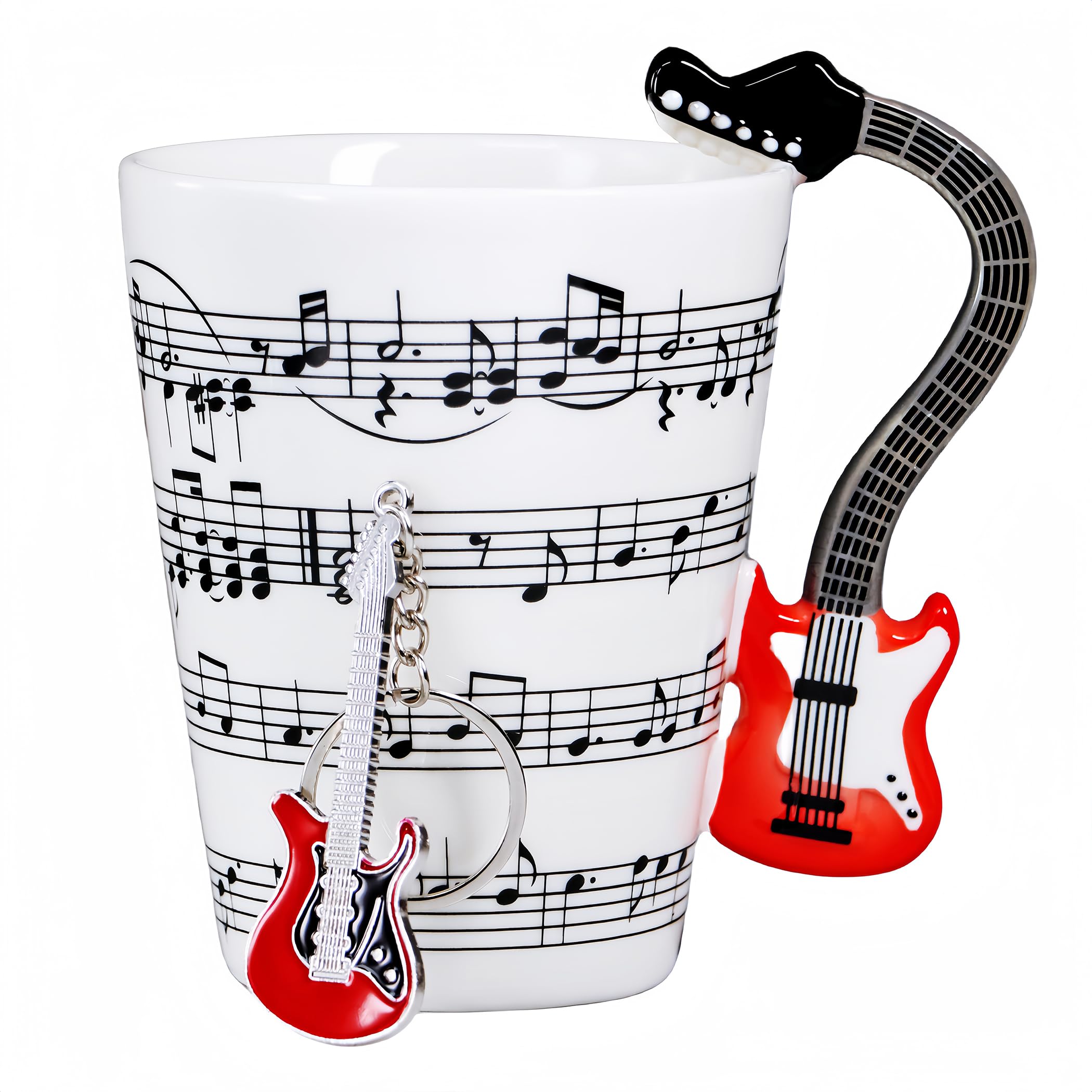 Generic Guitar Mug Music Coffee Mug Cute Music Guitar Gift for Men Women Guitar Players - 13.5 Ounce Ceramic Music Guitar Coffee Mug with Guitar Keychain Gift for Musicians Teacher (Red), large