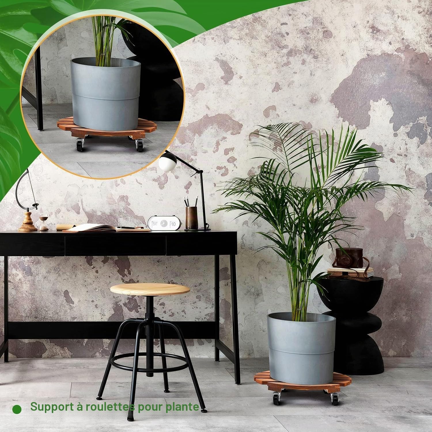 KAHEIGN 2 Pièces Support à Plantes en Bois roulettes avec roulettes, 30CM Plateaux à Plantes Rond Porte Mobile Robuste Chariot à Plantes avec roulettes Métalliques Verrouillables pour Pot de Fleurs