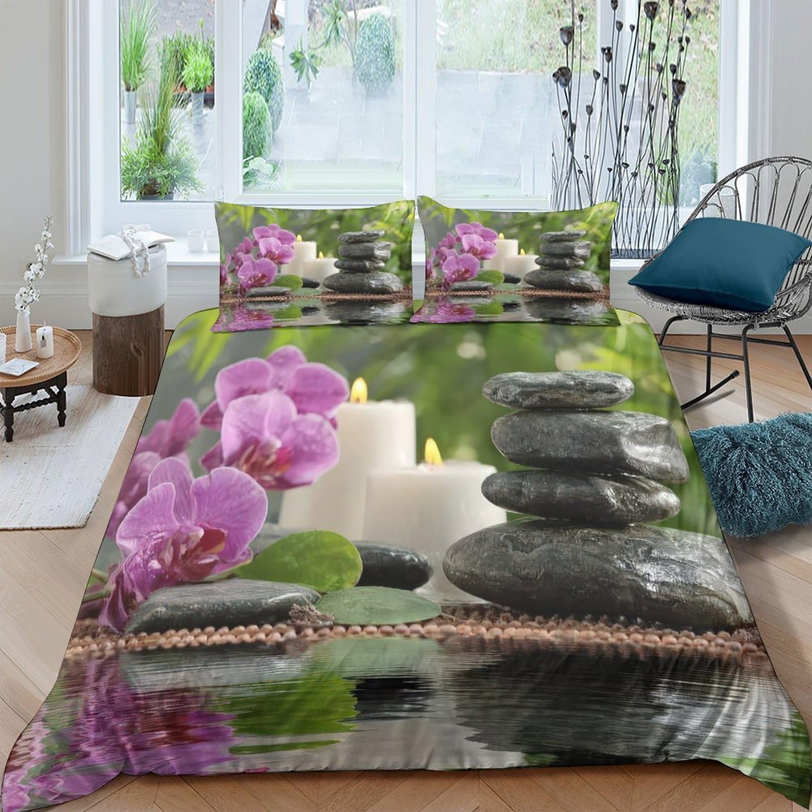 Ctjqhvkz Style-5 3D Printed Orchid Candle Fitted Sheet Microfiber Soft Zen Stone Mattress Cover For Bedroom Guest Room Decor Washable Single（135X200cm）