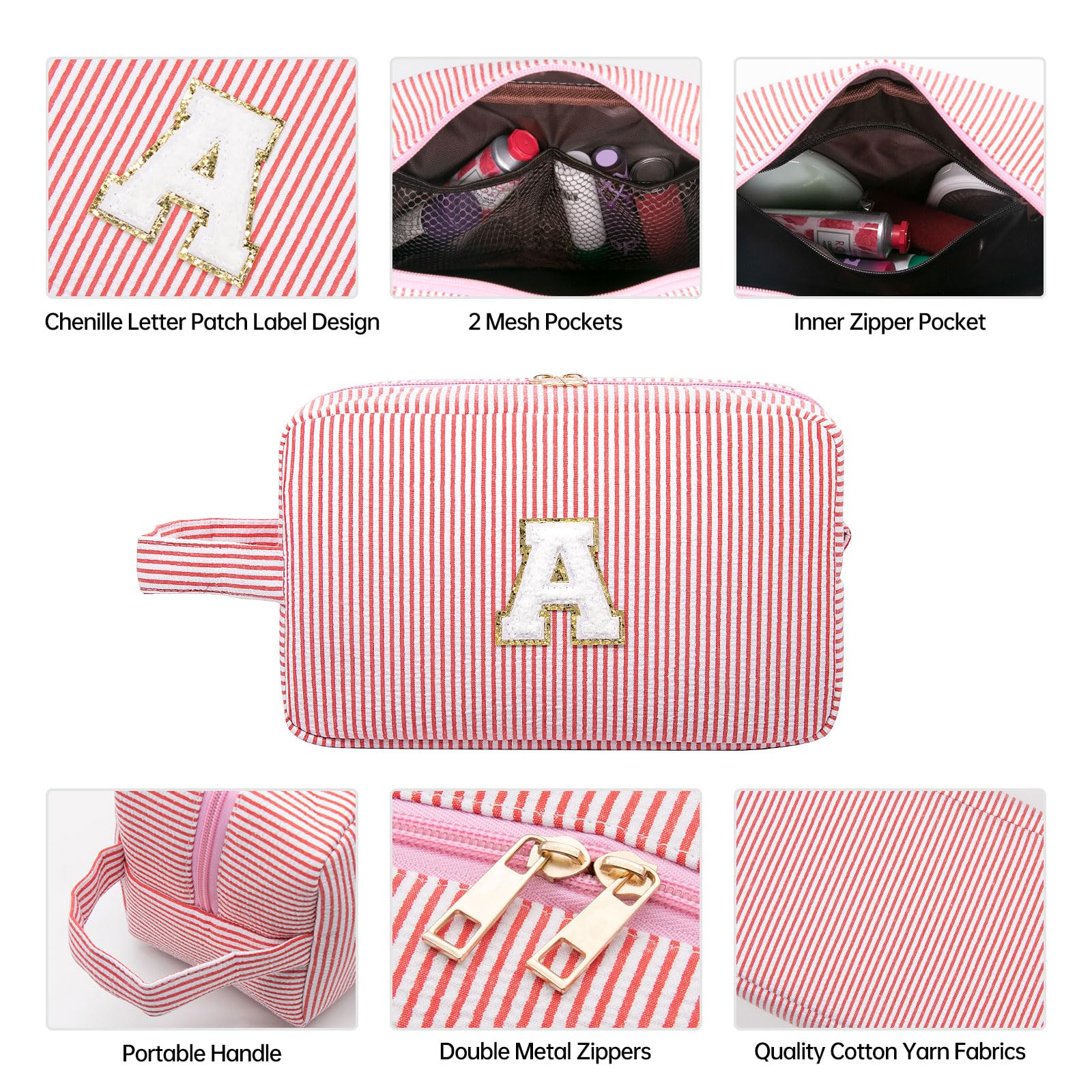 Long Keeper Travel Make Up Bag Letter Cosmetic Bag Large Toiletry Bag with Handle Portable Striped Makeup Bags Cosmetic Organizer Girls Pencil Case - Image 3