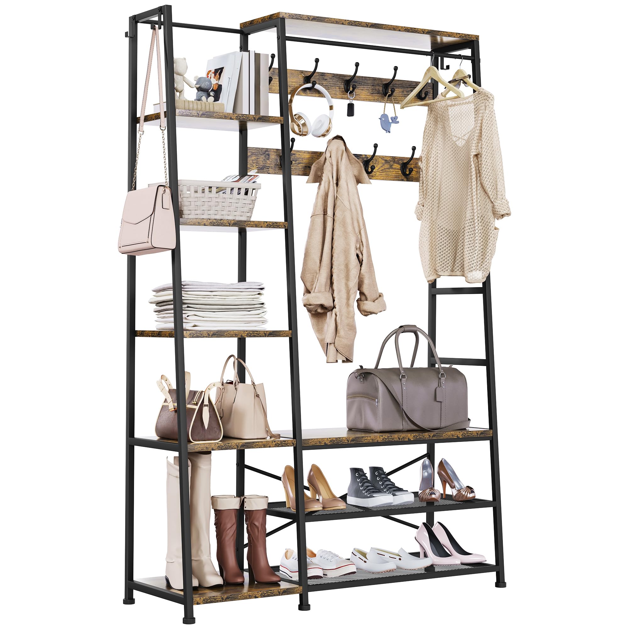 YITAHOME Perchero con Almacenamiento de Zapatos, Árbol de Pasillo Independiente con Banco Perchero Industrial con 5 Estantes Barra para Ropa para Dormitorio Sala de Estar Pasillo Entrada, Marrón | Perchero industrial con 9 ganchos y 5 estantes para dormit