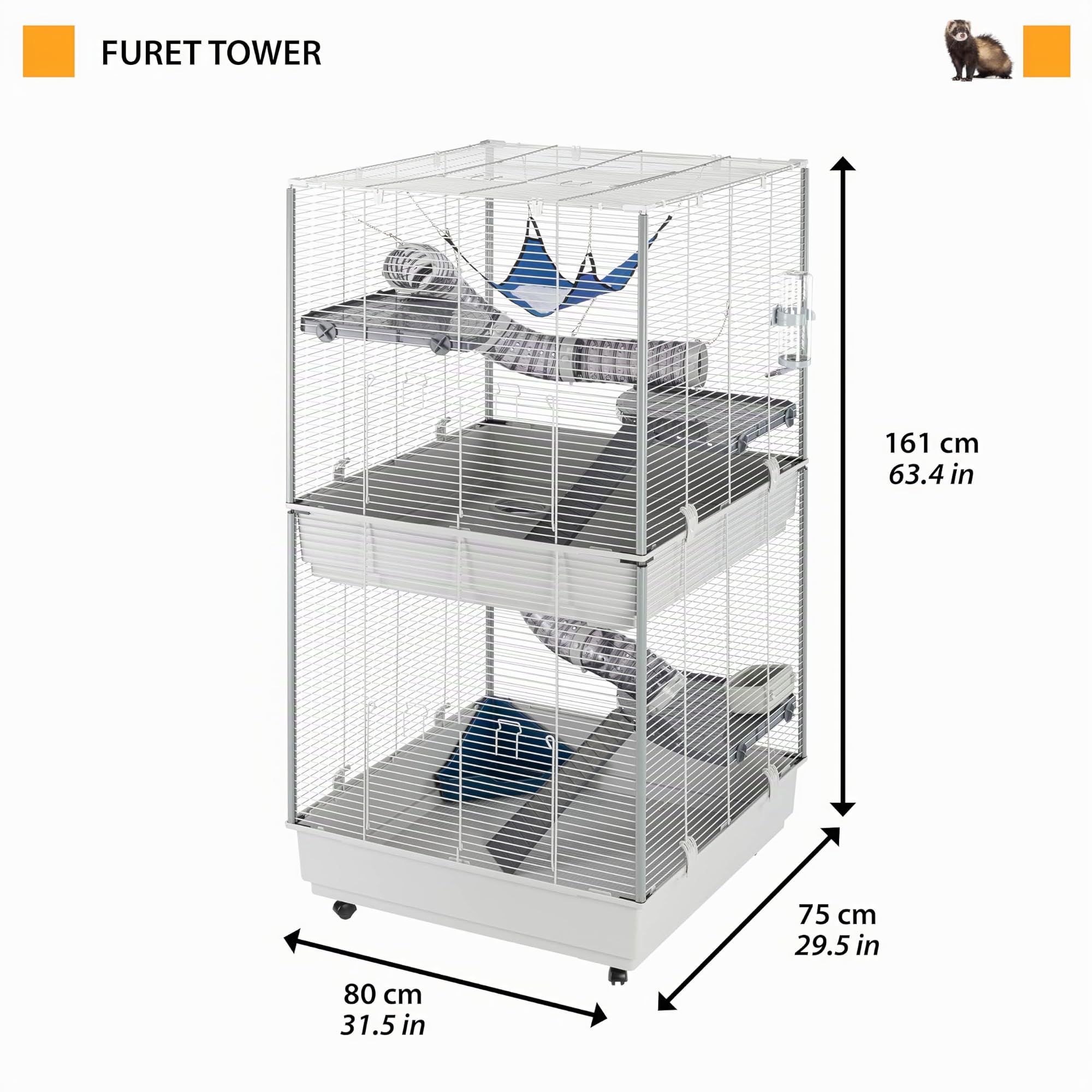Ferplast Frettchenkäfig Rattenkäfig auf Mehreren Ebenen mit Zubehör, Nagerkäfig verstärkte Kanten, schwarz lackiertes Metall und Kunststoff, 7, 75 x 80 x H 161 cm