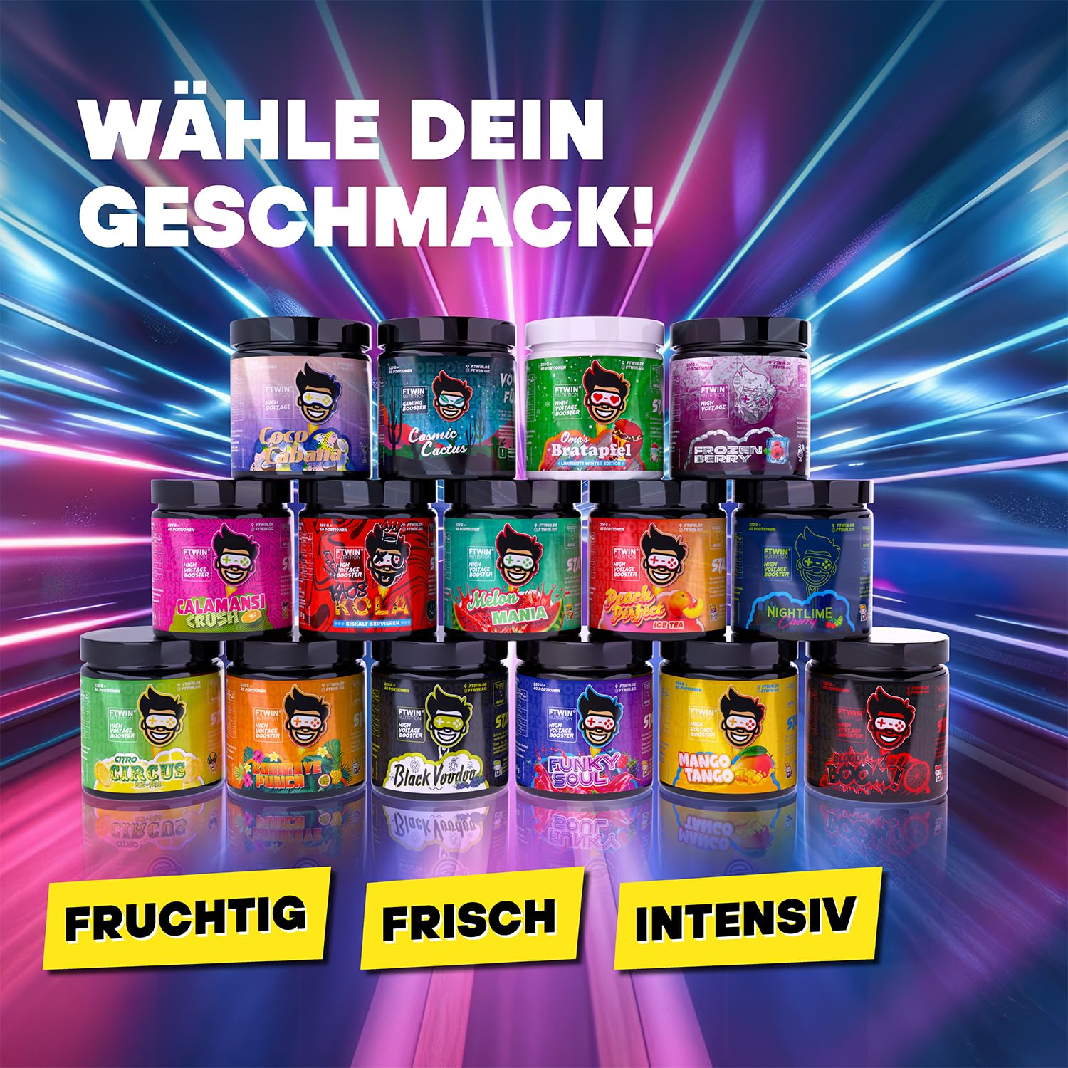 FTWIN® Nutrition Gaming Booster Nightlime Cherry (Kirsche + Limette) | für Gamer und E-Sportler, perfekt für lange und intensive Gaming-Sessions, 40 Portionen, vegan