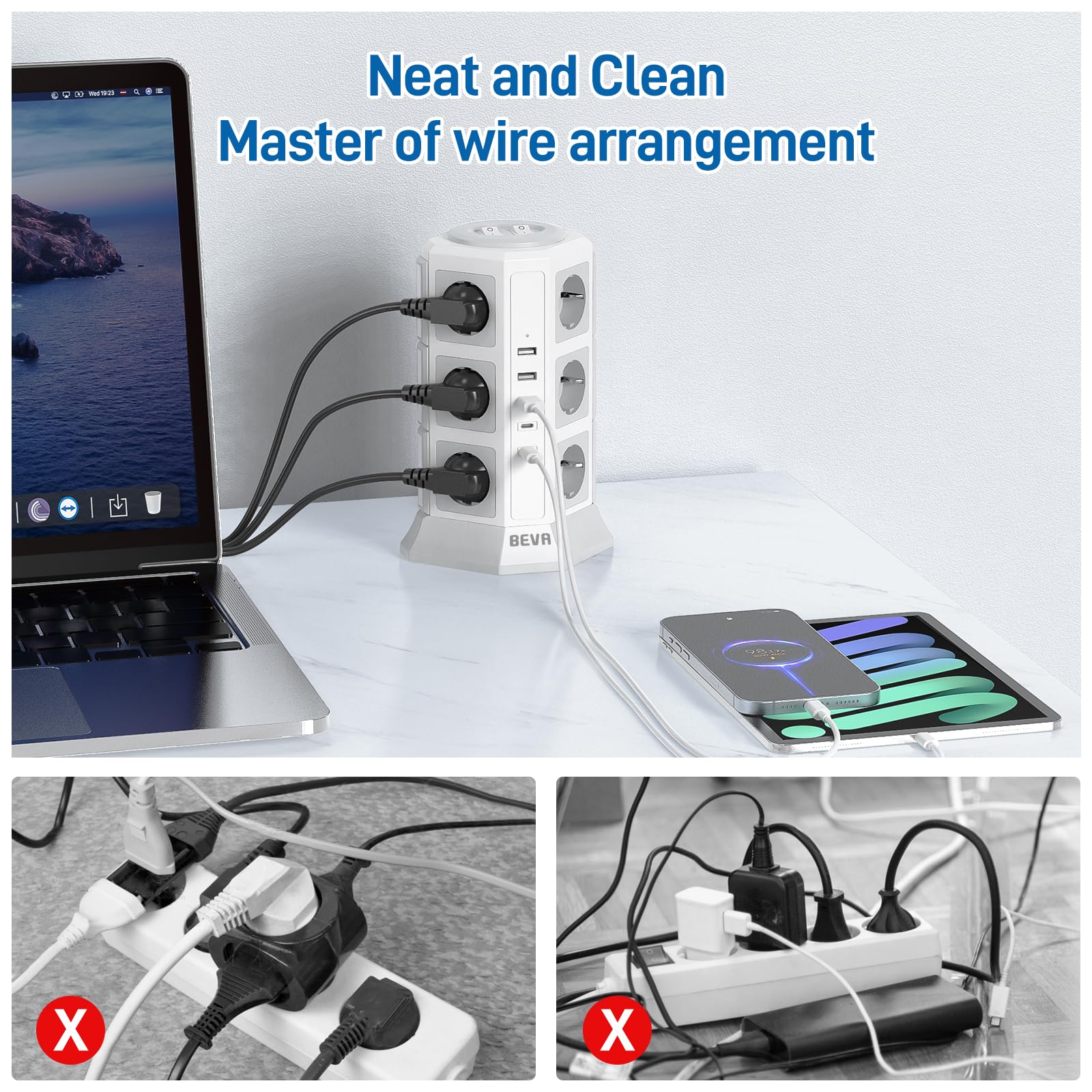 BEVA Multipresa Ciabatta Elettrica, Multipresa Verticale con 5 Porte USB e 12 Prese AC, 2 Interruttori, Cortocircuito e Surge protezione (2500W / 10A), 2M Cavo (Bianca)