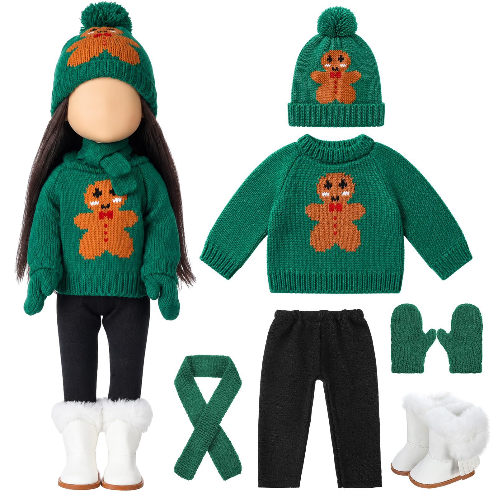 Fourluoo 6 Pcs 18" Christmas Doll Clothes, Green, Gingerbread