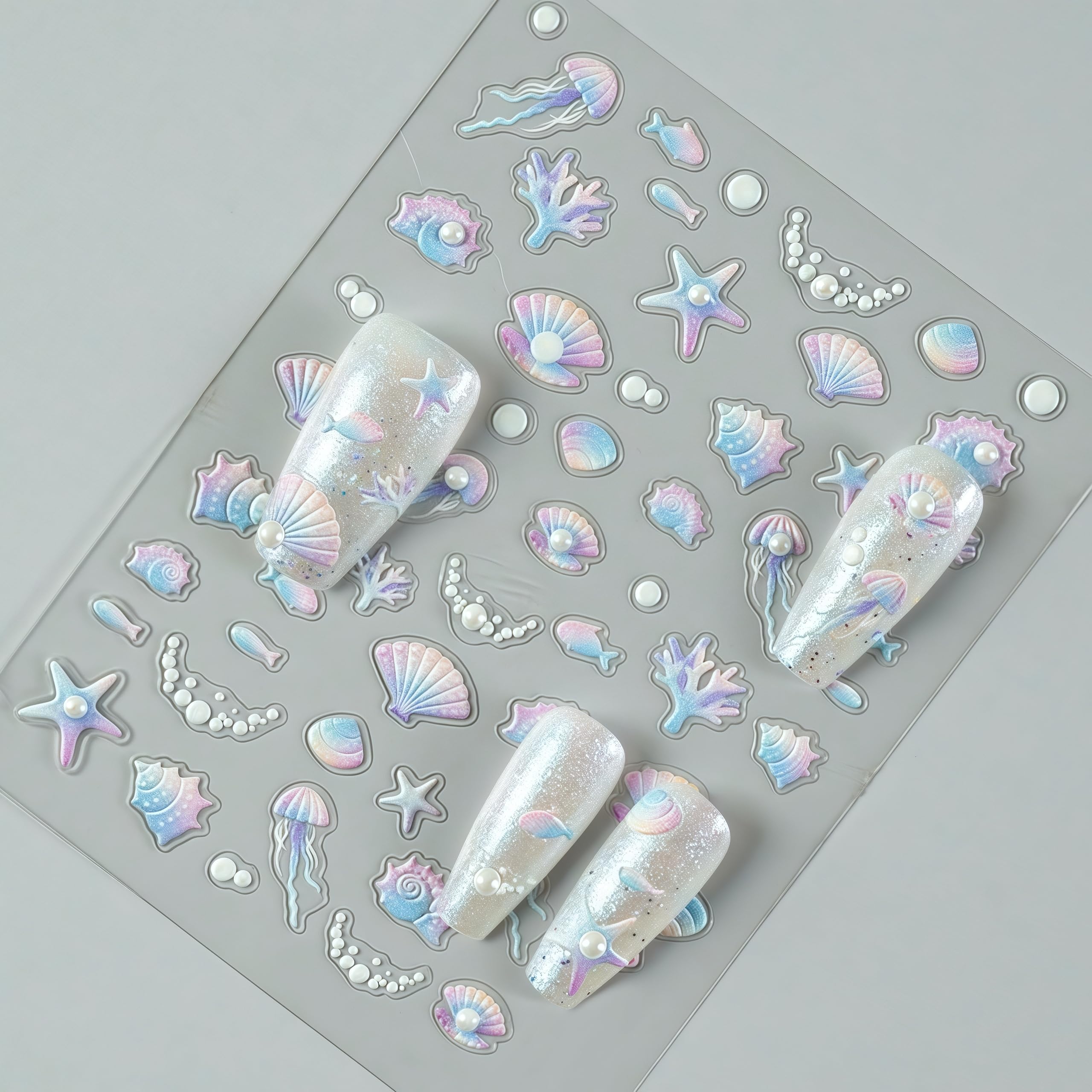 1 Sheets Embossed Shell Starfish Nail Art Stickers 5D Self Adhesive Summer Marine Life Fishtail Pearl Decals for Women Girls Manicure DIY Decorations