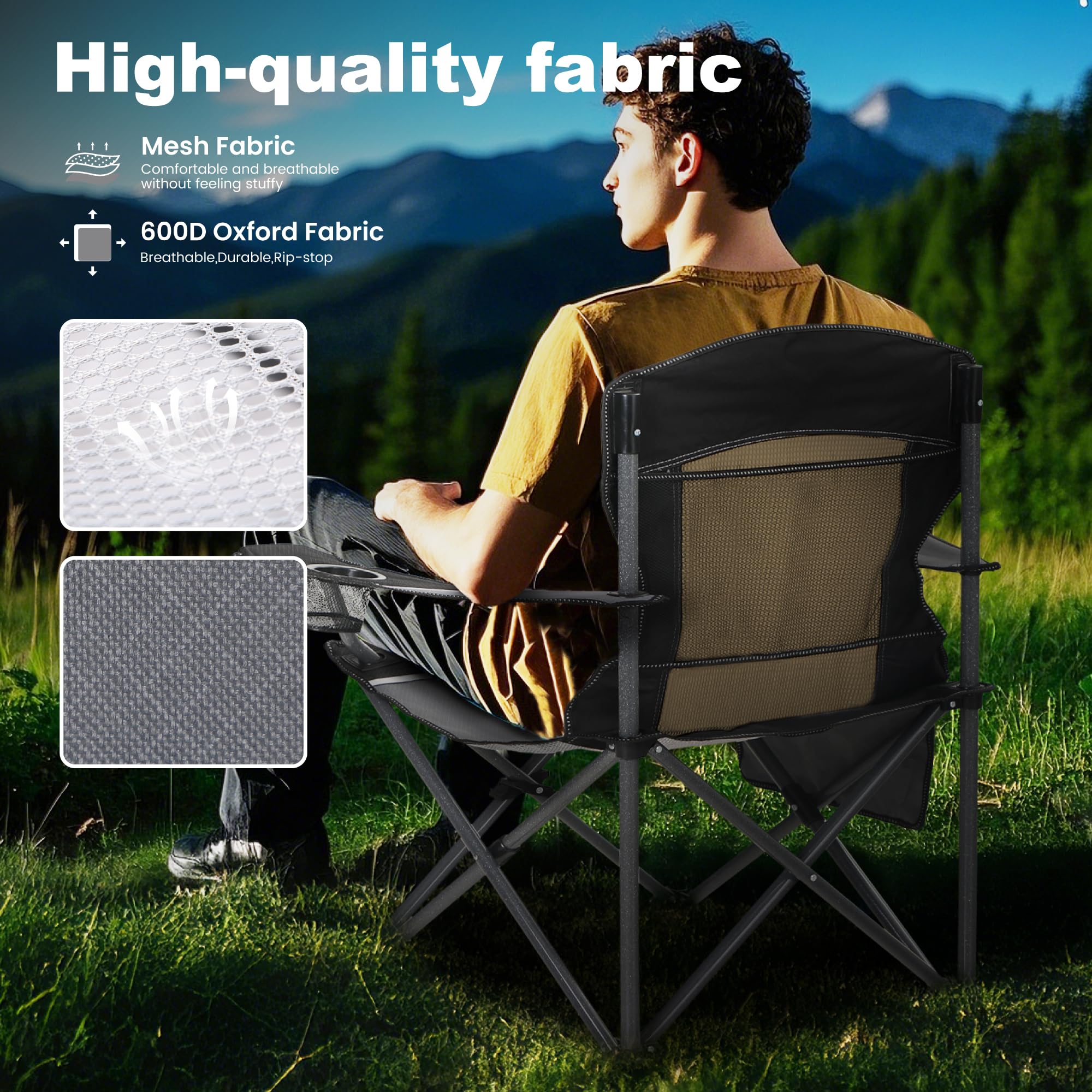 LET'S CAMP Siatkowe oparcie krzesło kempingowe, przenośne, składane, wytrzymałe krzesło na zewnątrz, 150 kg, trwałe, duże krzesło z uchwytem na kubek i torbą do przenoszenia, na kemping, wędkowanie,