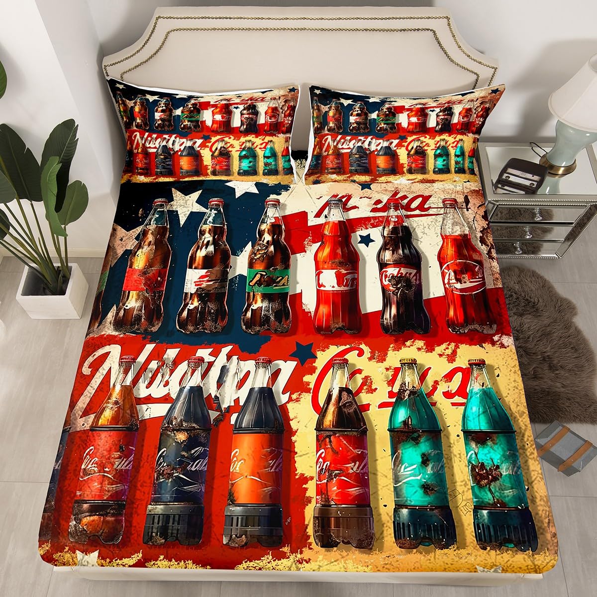 Feelyou Kids Vintage Cola Fitted Sheet Twin Drinks Bed Sheet Set Toddler Boys Girls Summer Bedding Set Cool