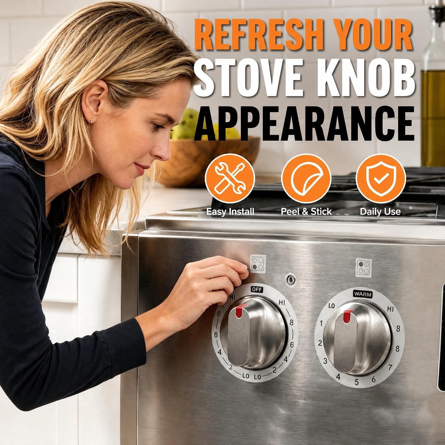 Stove Dials Stickers, Stovetop Knob Symbols Decals for Replacement, Adhesive Stickers for Top Burner Control Dial, Range Oven, Gas Stove Knob Burner Identification, Black Symbols on Silver Background