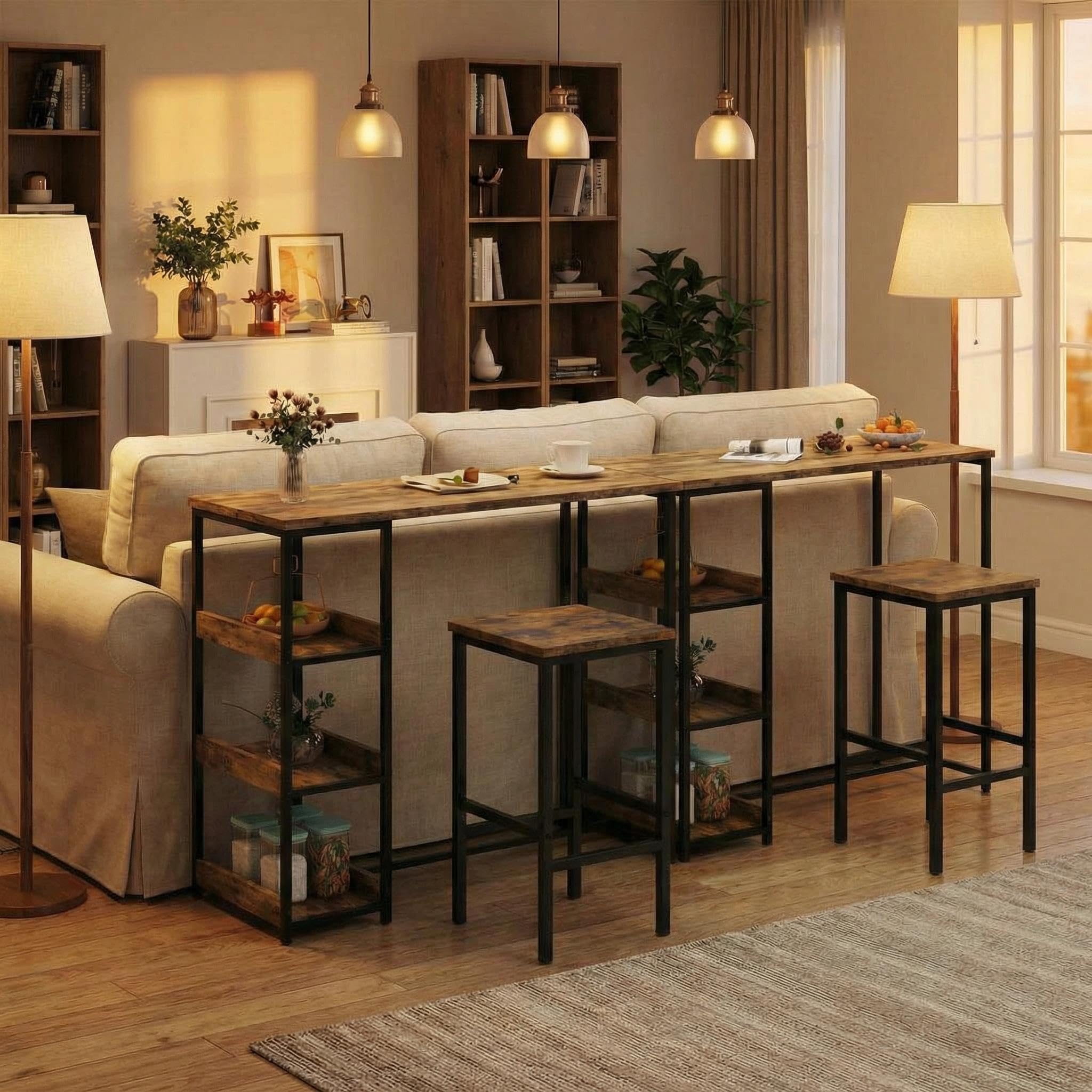 Garvee Bar Tisch Und Stühle Set, Rechteckiger Pub Tisch Mit 2 Hockern Für Kleinen Platz, High Top Tisch, 3-Teilige Frühstück Hocker Set, Robuster Metallrahmen, Einfach Zu Montieren, Rustikal Braun