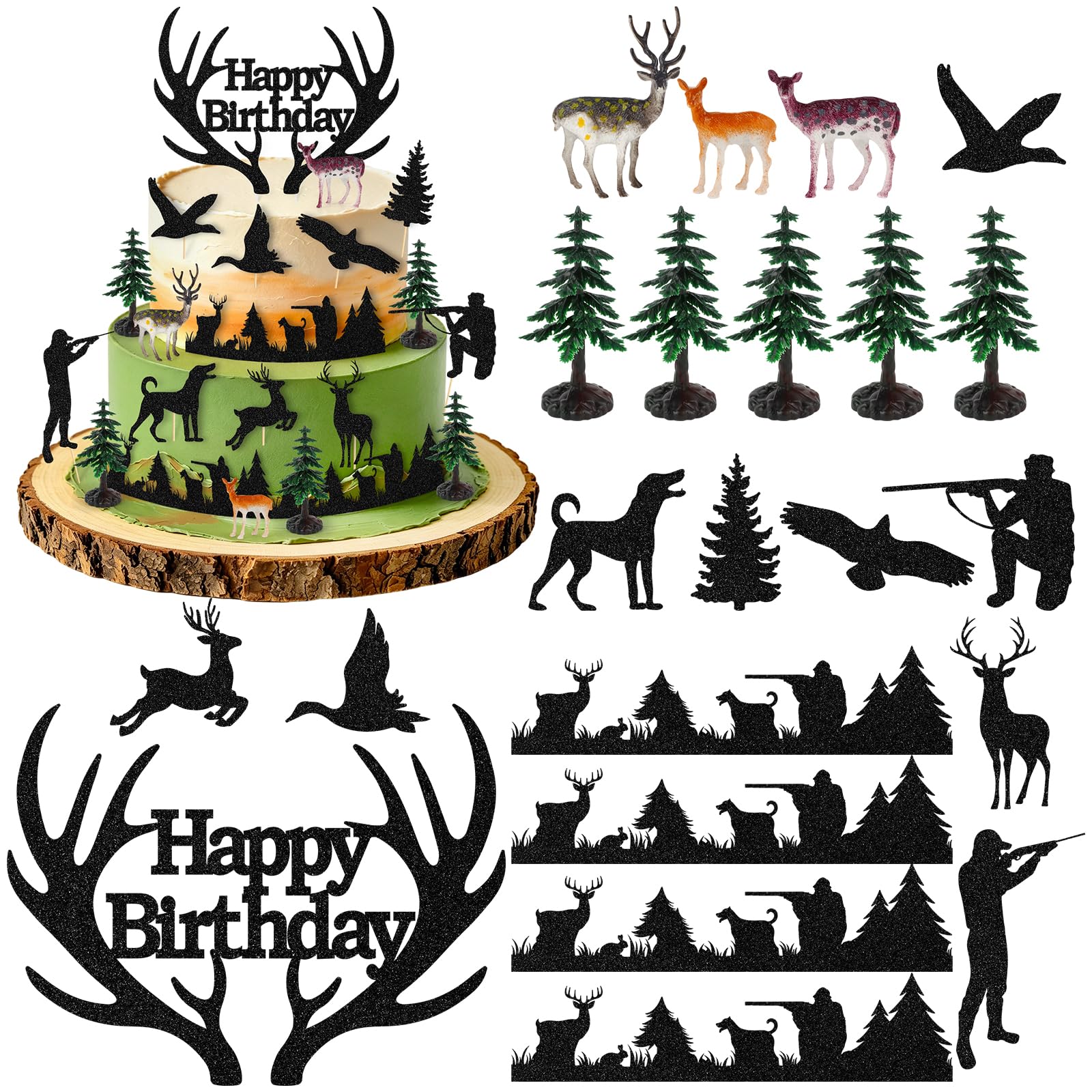 Hooqict 22Pcs Hunting Cake Decorations Set with Tree Deer Hunting Cake Toppers & Cupcake Toppers for Boys Men Hunter Camping Forest Themed Birthday Party Decorations Supplies — image 1