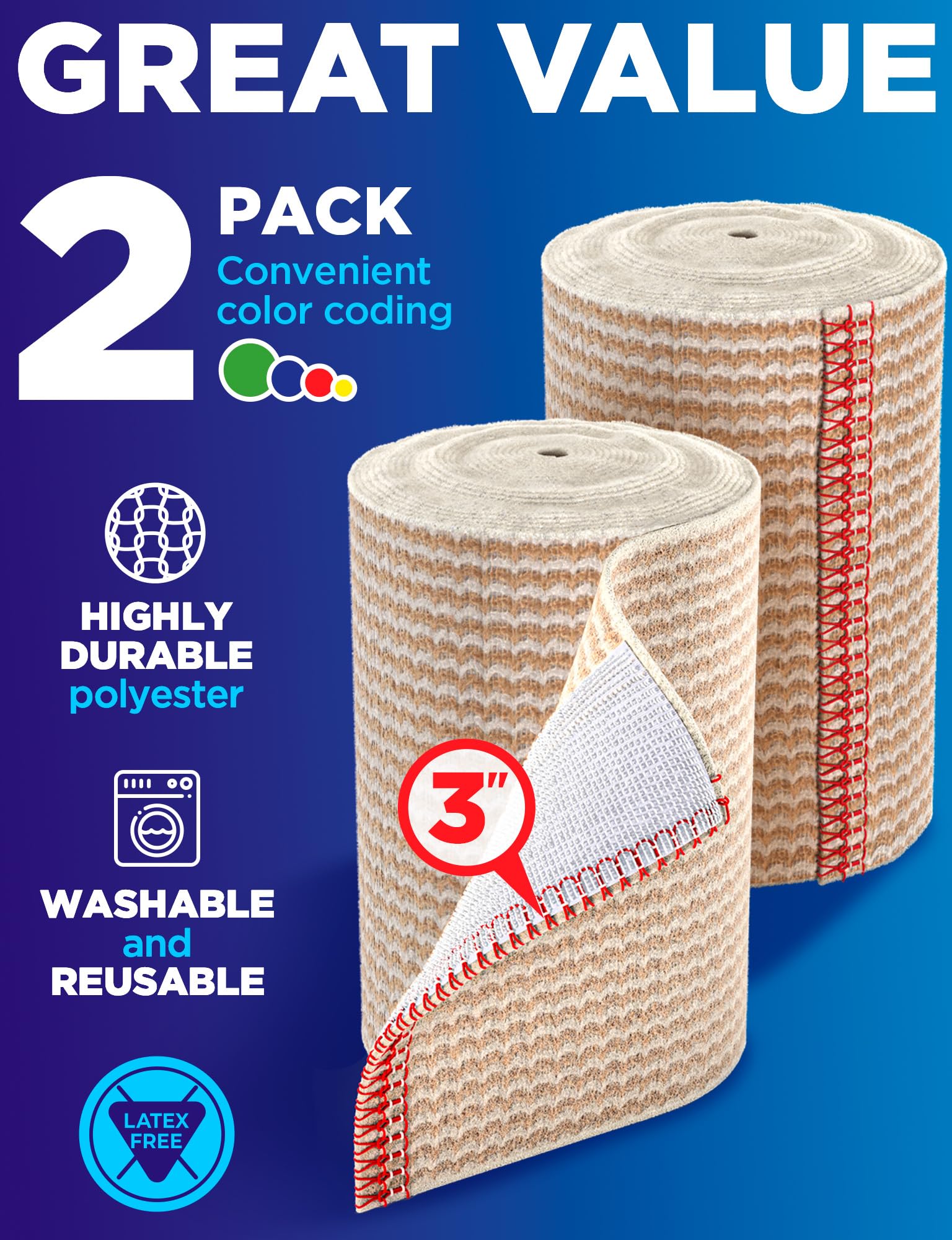 Premium Elastic Bandage Wrap - 3” (2pk) - Self-Closing Compression Bandage — Amazon image 2