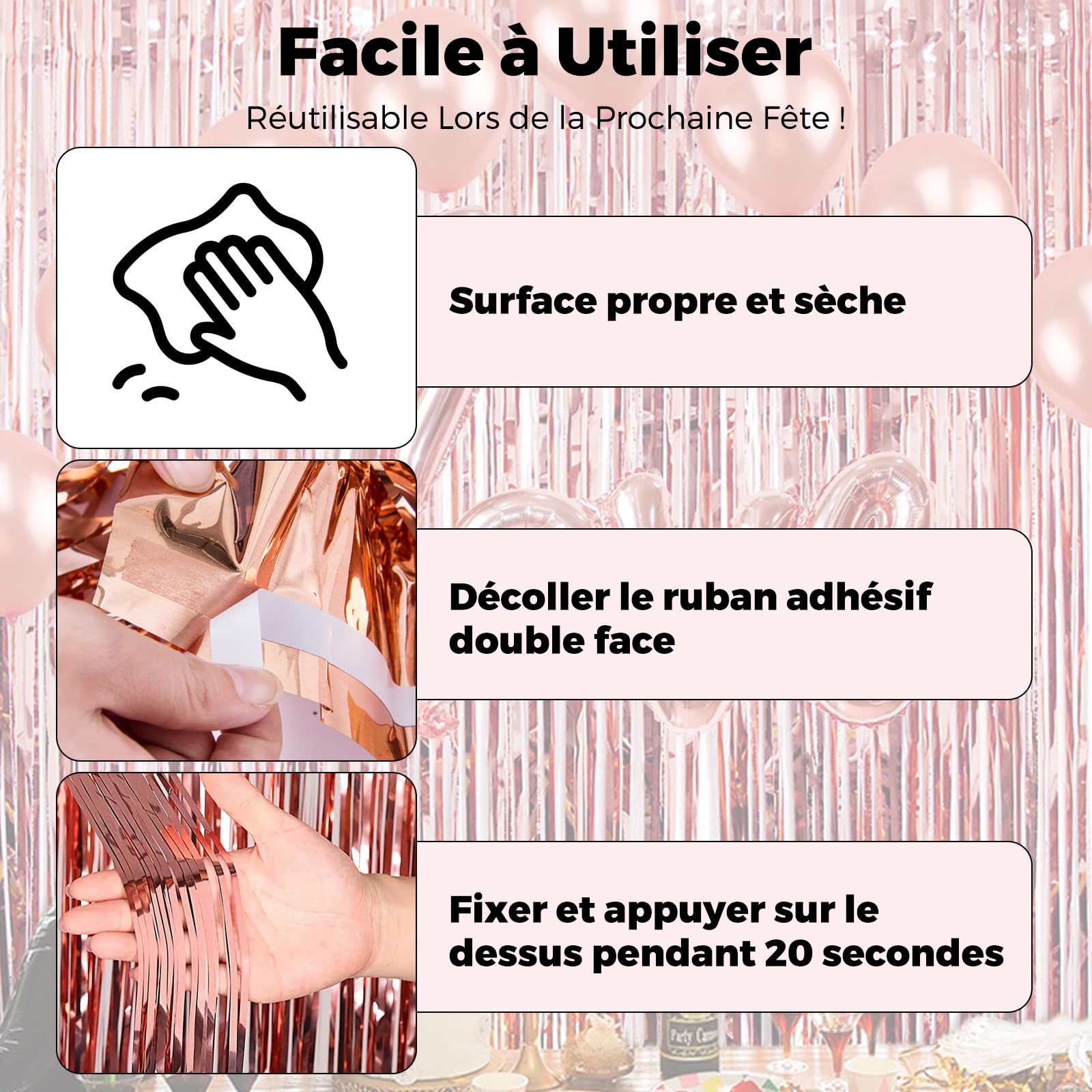 2 Rideaux Métallique Rosegold Brillant Tinsel （1×2m）, décoration en Feuille de Paillettes pour Le Nouvel an, fête de Marriage, Decoration Anniversaire Rideaux à Franges en Aluminium
