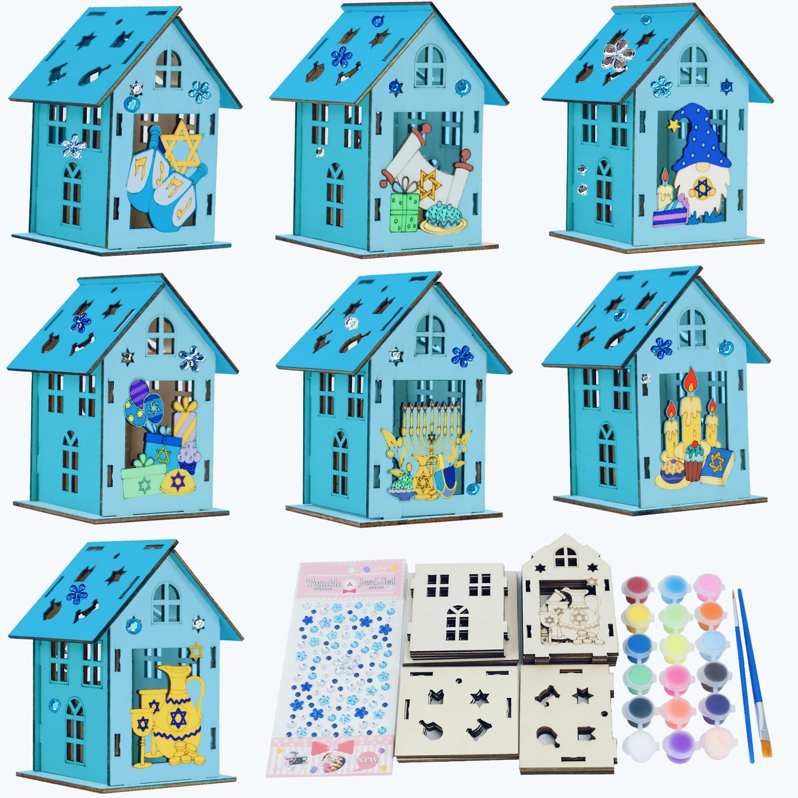 HABDJILTY 7 Pack Wooden Hanukkah Craft Kit Color You Own 3D Hanukkah House Chanukah Crafts for Christmas Classroom Activities Chanuka Art Projiect