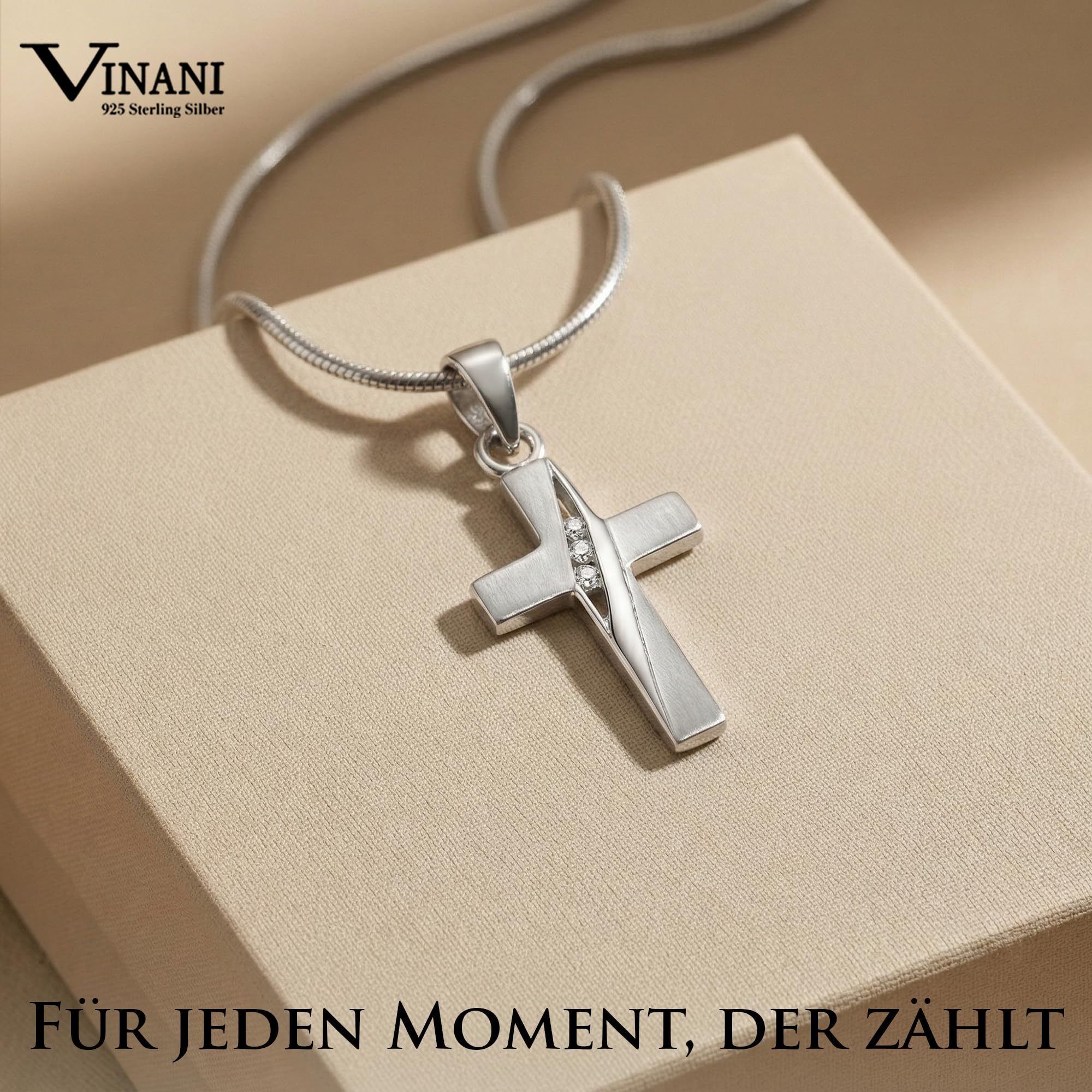 Vinani Pendentif Design Croix petit avec Zirconia blanc mat avec Chaine Serpent Argent Sterling 925 Chaine Italie AKKZ-S00
