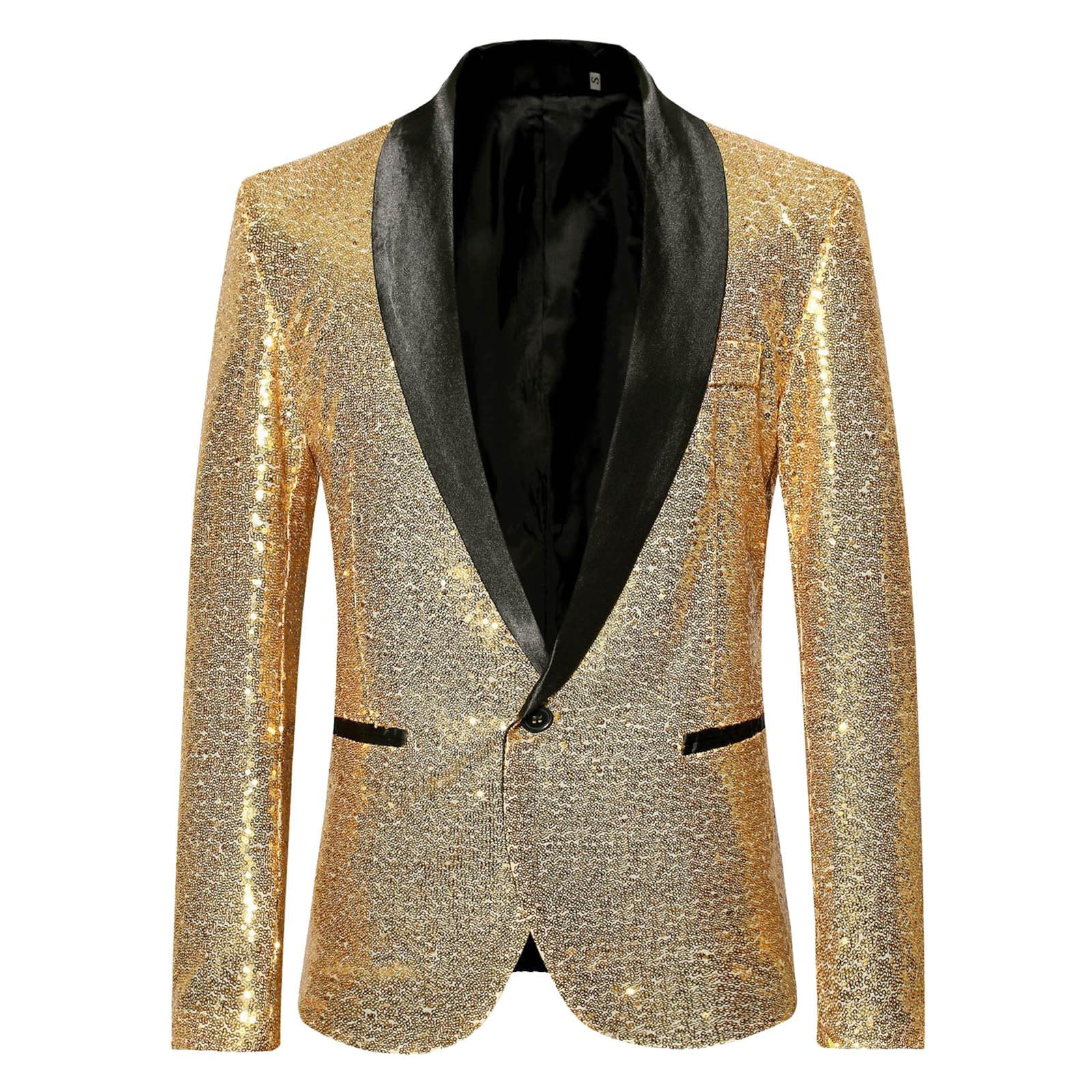 Veste à paillettes pour homme - Doré à paillettes - Coupe ajustée - Manteau de mariage - Manteau à manches longues - Costume de performance pour mariage et fête - Vêtements de smoking