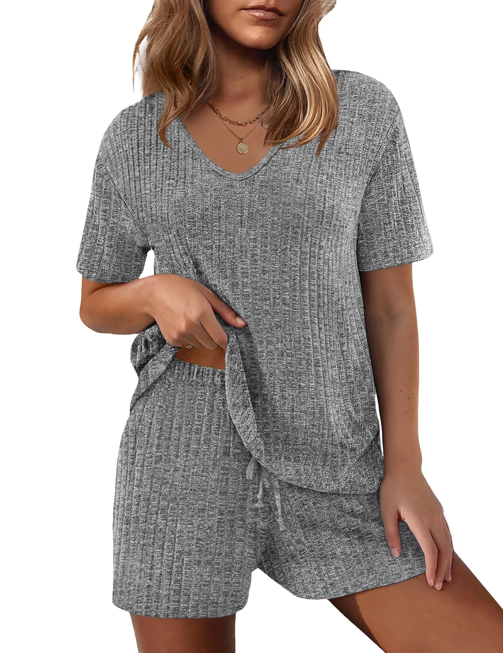 Ekouaer Womens 2 Piece Lounge Sets Summer Two Piece Outfits Ribbed Knit V Neck Short Sleeve Tee and Pockets Shorts Sets