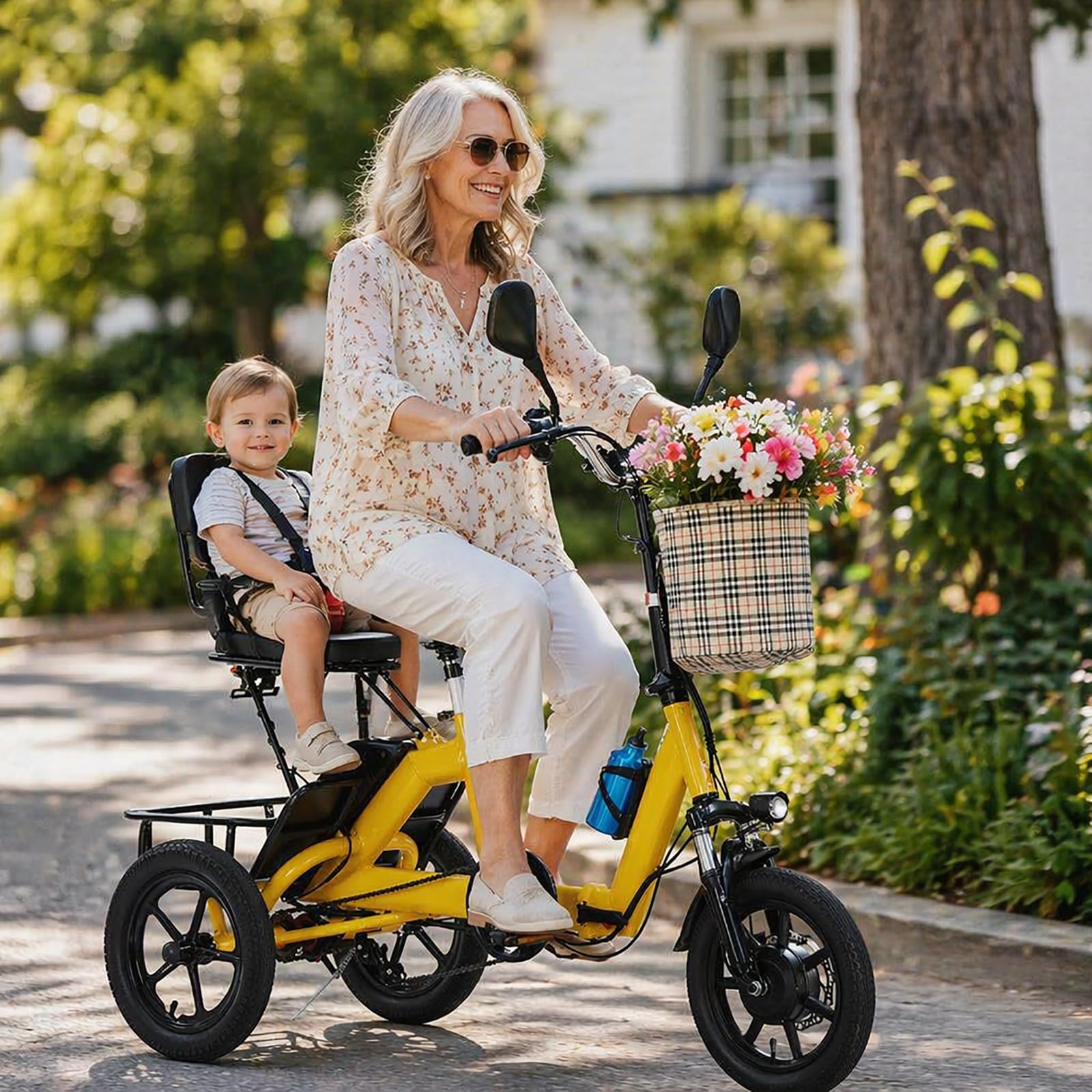 Triciclo Elettrico Pieghevole 14 Pollici Adulti Anziani 2 Posti 3 Ruote Bicicletta con LED Anteriore Posteriore Cestino Display LCD Uomo Donna Trasporto Cargo Urbano Quotidiano Green