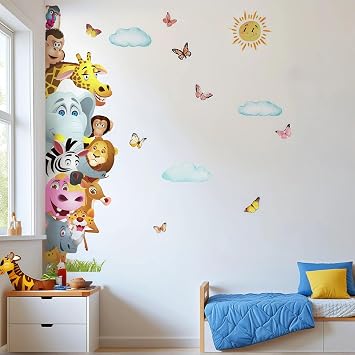 Cute Jungle Theme Wall Stickers Removable Animal Forest Wall Decals Elephant Monkey Lion Giraffe Zebra Peel and Stick Tropical Wall Art Decor for Nursery Bedroom Classroom Animal1