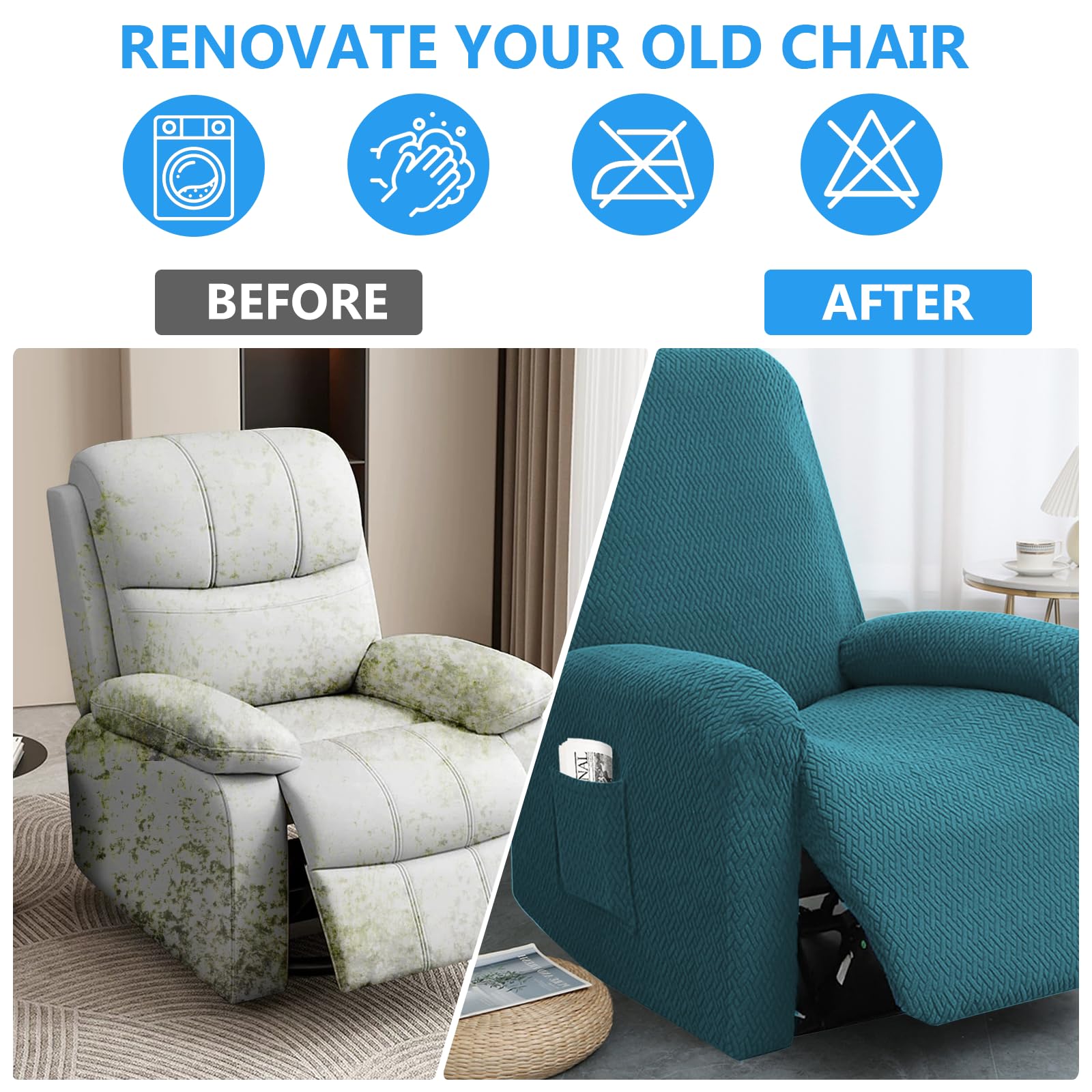 Funda Sillon Relax Reclinable, 4 Piezas Funda Butaca, Funda Sofa 1 Plaza, con Protectores para Reposabrazos y Bolsillo (Verde Oscuro)