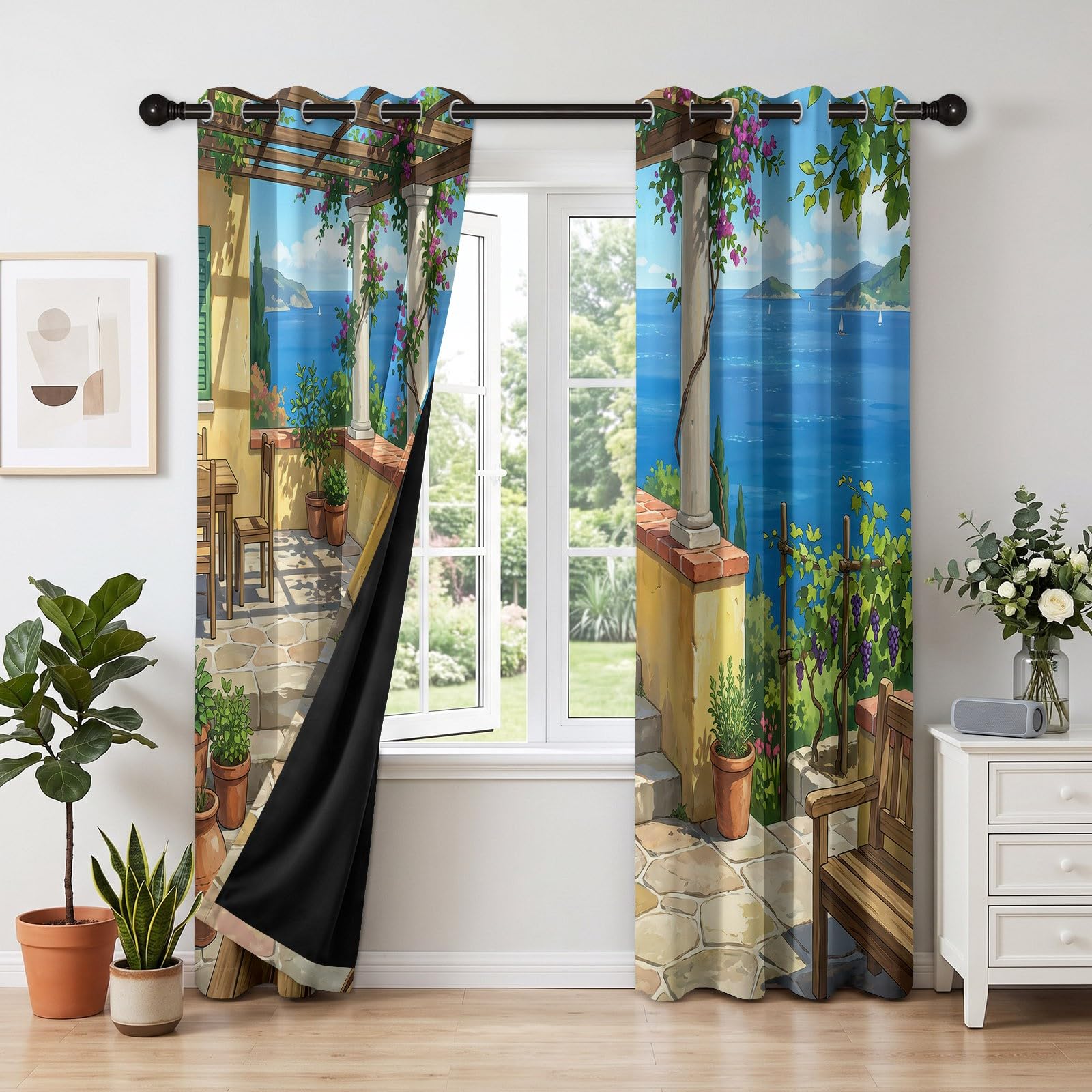 Générique Śródziemnomorskie zasłony na taras, 100% termiczne, zaciemniające przelotki, ochrona przed gorącem, 2 panele, 140 x 180 cm, nieprzezroczysta zasłona oceanowa, ochrona przed zimnem i ciepłem