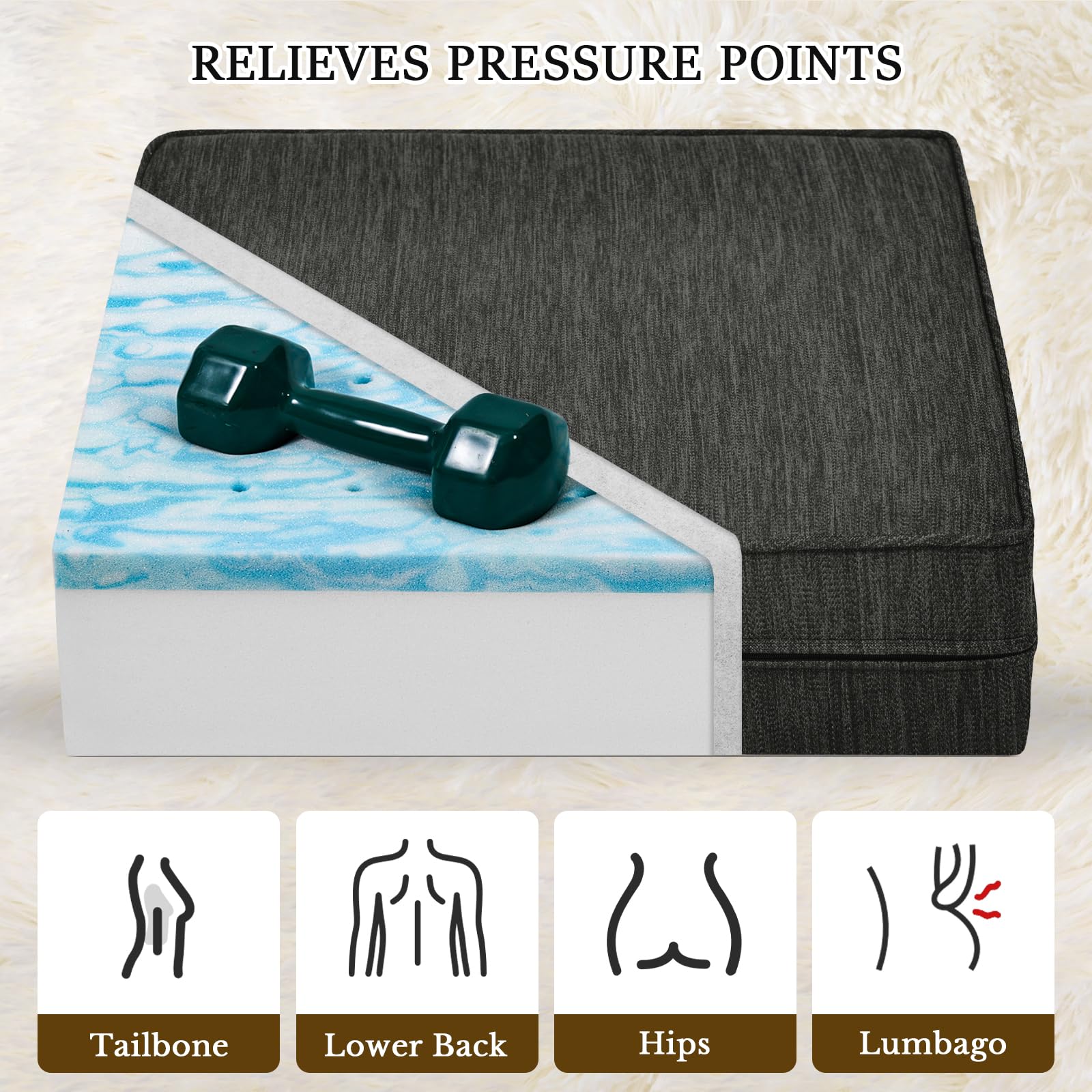 Cuscino grande in memory foam a doppio strato, per sedie a sdraio, divani, poltrone, cuscini spessi, 50 x 50 x 12 cm, nero